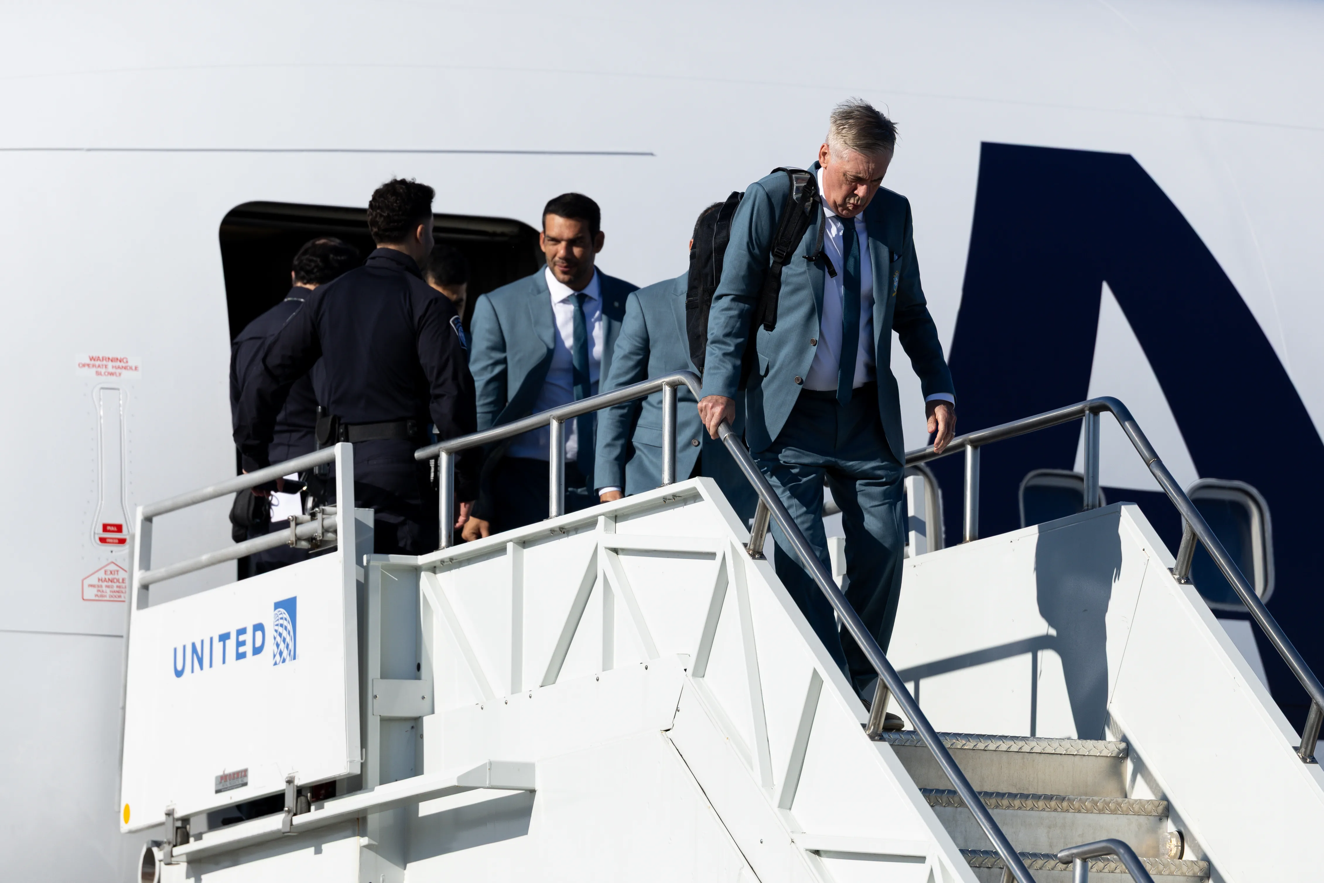 NEWARK, NEW JERSEY – JUNE 02: Manager Carlo Ancelotti of Team Brazil arrives in the United States ahead of the World Cup at Newark Liberty International Airport on June 02, 2026 in Newark, New Jersey. (Photo by Jordan Bank/Getty Images)