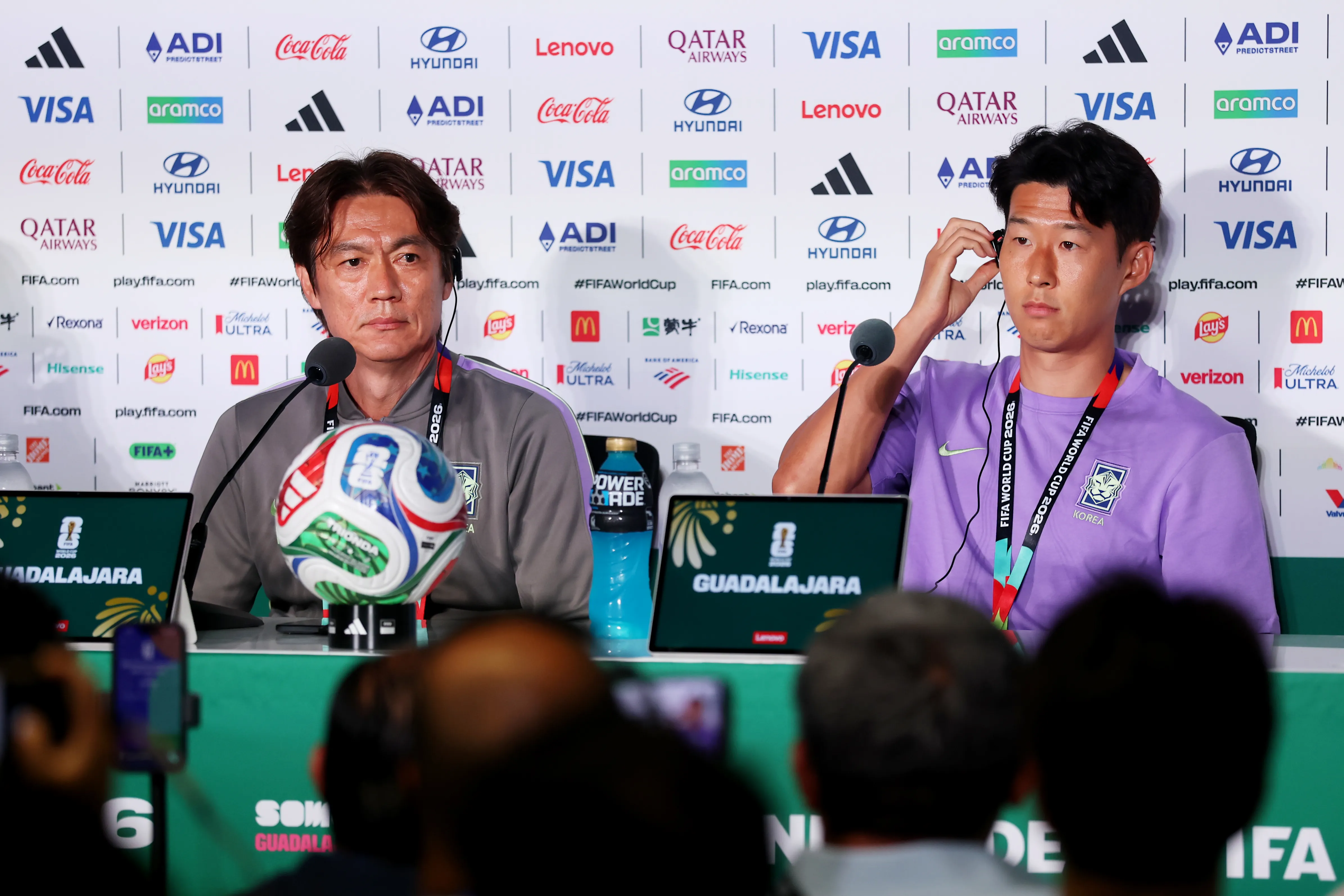 GUADALAJARA, MEXICO – JUNE 10: Myung-Bo Hong, Head Coach of Korea Republic, and Heung-Min Son #7 of Korea Republic speak to the media during a Korea Republic Press Conference one day ahead of the FIFA World Cup 2026 Group A match between Korea Republic and Czechia at Guadalajara Stadium on June 10, 2026 in Guadalajara, Mexico. (Photo by Lars Baron/Getty Images)