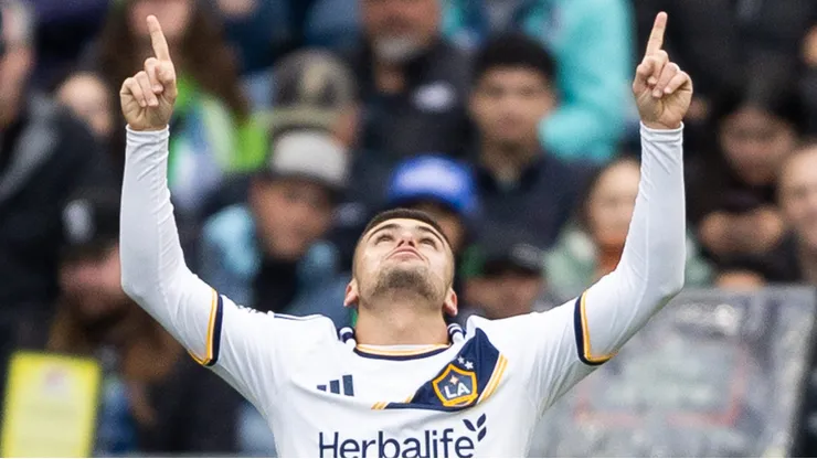 SEATTLE, WASHINGTON - MAY 16: Gabriel Pec #11 of the LA Galaxy celebrates after scoring his team's first goal during the MLS match between Seattle Sounders FC and LA Galaxy at Lumen Field on May 16, 2026 in Seattle, Washington. (Photo by Olivia Vanni/Getty Images)
