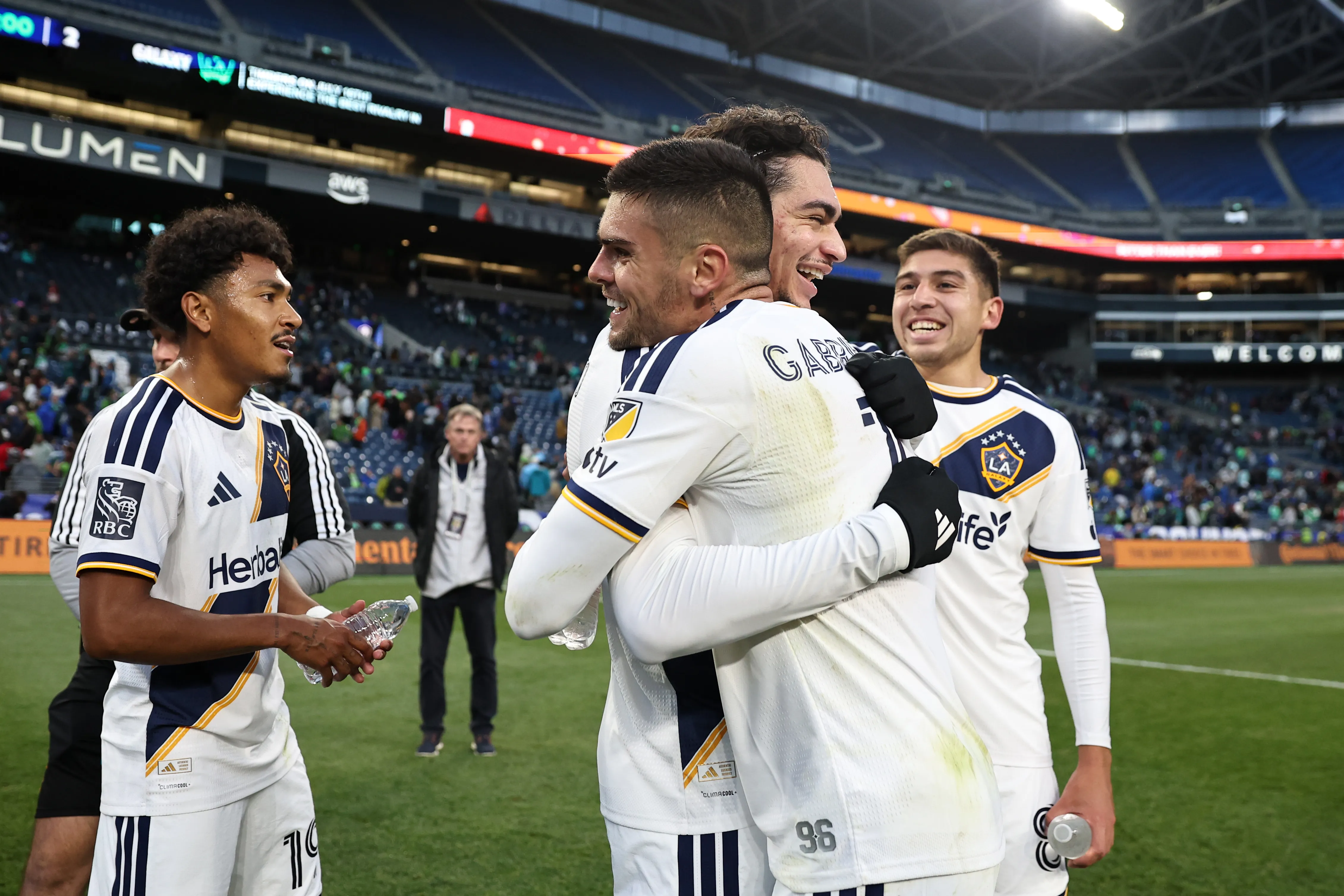 SEATTLE, WASHINGTON – MAY 16: Matheus Nascimento #9 and Gabriel Pec #11 of Los Angeles Galaxy celebrate following the team’s victory in the MLS match between Seattle Sounders FC and LA Galaxy at Lumen Field on May 16, 2026 in Seattle, Washington. (Photo by Olivia Vanni/Getty Images)