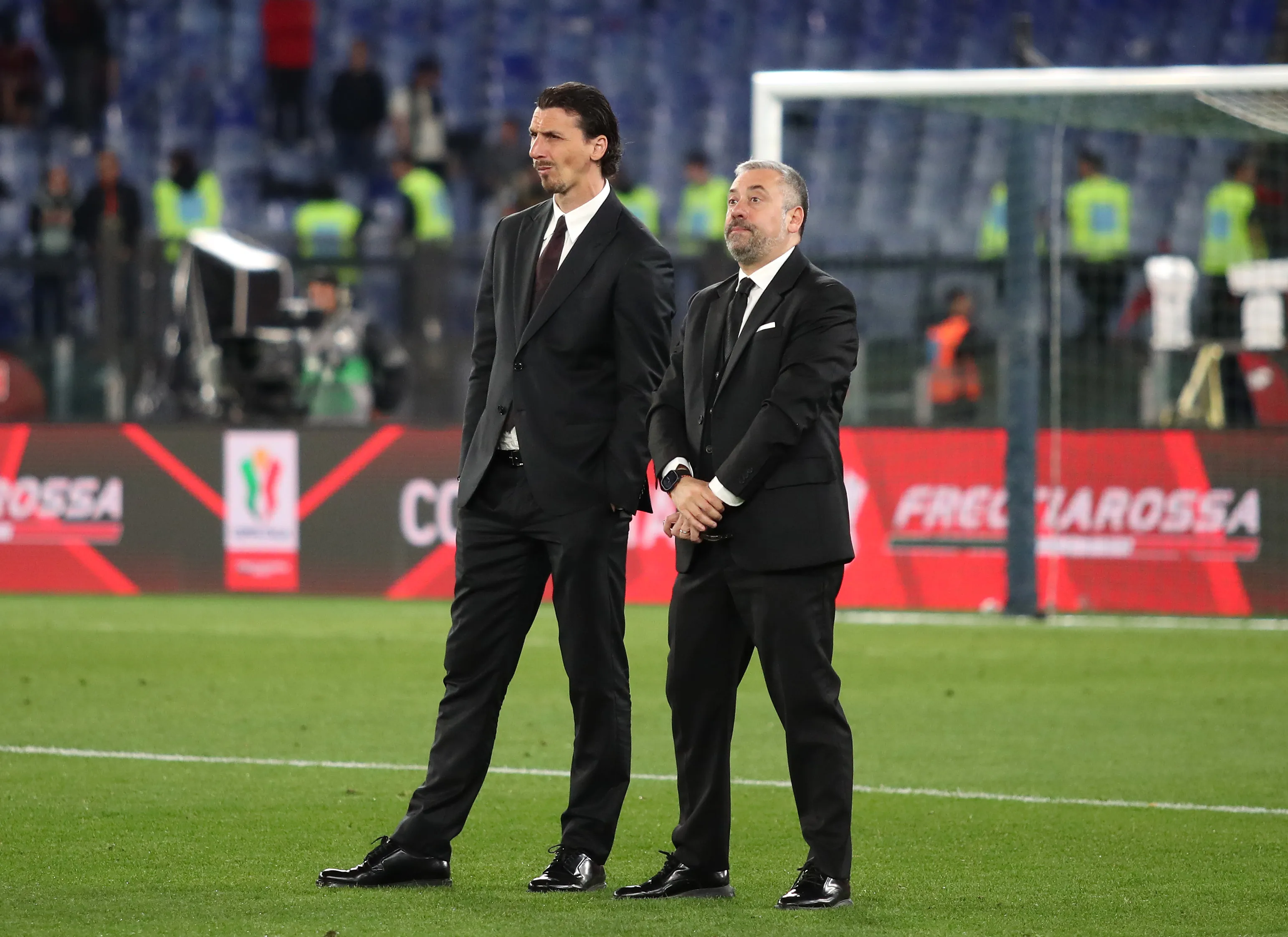 ROME, ITALY – MAY 14: Zlatan Ibrahimovic, Football Advisor at AC Milan, looks on after the team’s defeat in the Coppa Italia Final match between AC Milan and Bologna at Stadio Olimpico on May 14, 2025 in Rome, Italy. (Photo by Paolo Bruno/Getty Images)