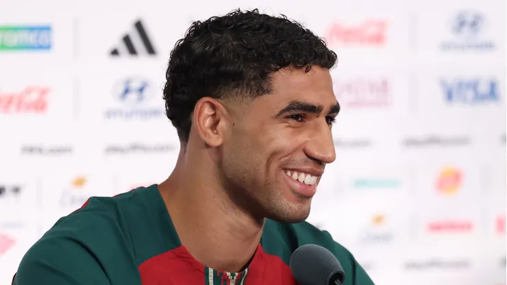 EAST RUTHERFORD, NEW JERSEY - JUNE 12: Achraf Hakimi of Morocco speaks to the media during a press conference during a press conference ahead of the FIFA World Cup 2026 Group C match between Brazil and Morocco at New York New Jersey Stadium on June 12, 2026 in East Rutherford, New Jersey. (Photo by Darrian Traynor/Getty Images)