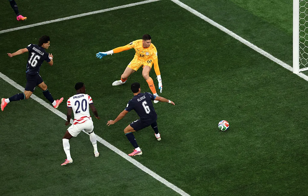 LOS ANGELES, CALIFORNIA – JUNE 12: Damian Bobadilla #16 of Paraguay looks on as a shot deflects off him leading to the first goal for the United States during the FIFA World Cup 2026 Group D match between USA and Paraguay at Los Angeles Stadium on June 12, 2026 in Los Angeles, California. (Photo by Harry How/Getty Images)