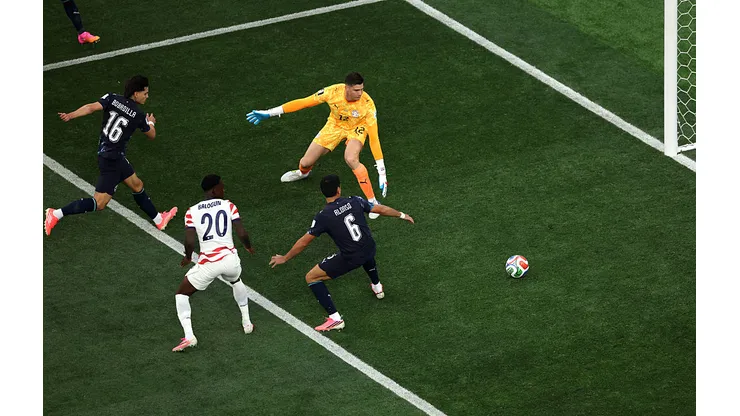 LOS ANGELES, CALIFORNIA - JUNE 12: Damian Bobadilla #16 of Paraguay looks on as a shot deflects off him leading to the first goal for the United States during the FIFA World Cup 2026 Group D match between USA and Paraguay at Los Angeles Stadium on June 12, 2026 in Los Angeles, California. (Photo by Harry How/Getty Images)