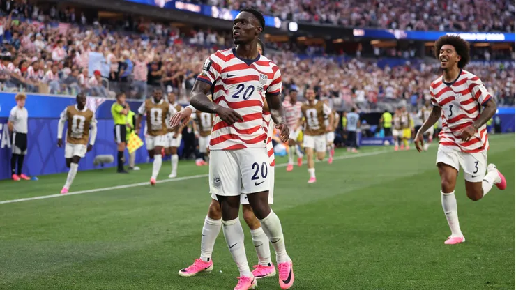 LOS ANGELES, CALIFORNIA - JUNE 12: Folarin Balogun #20 of the United States celebrates scoring his team's third goal during the FIFA World Cup 2026 Group D match between USA and Paraguay at Los Angeles Stadium on June 12, 2026 in Los Angeles, California. (Photo by Richard Heathcote/Getty Images)