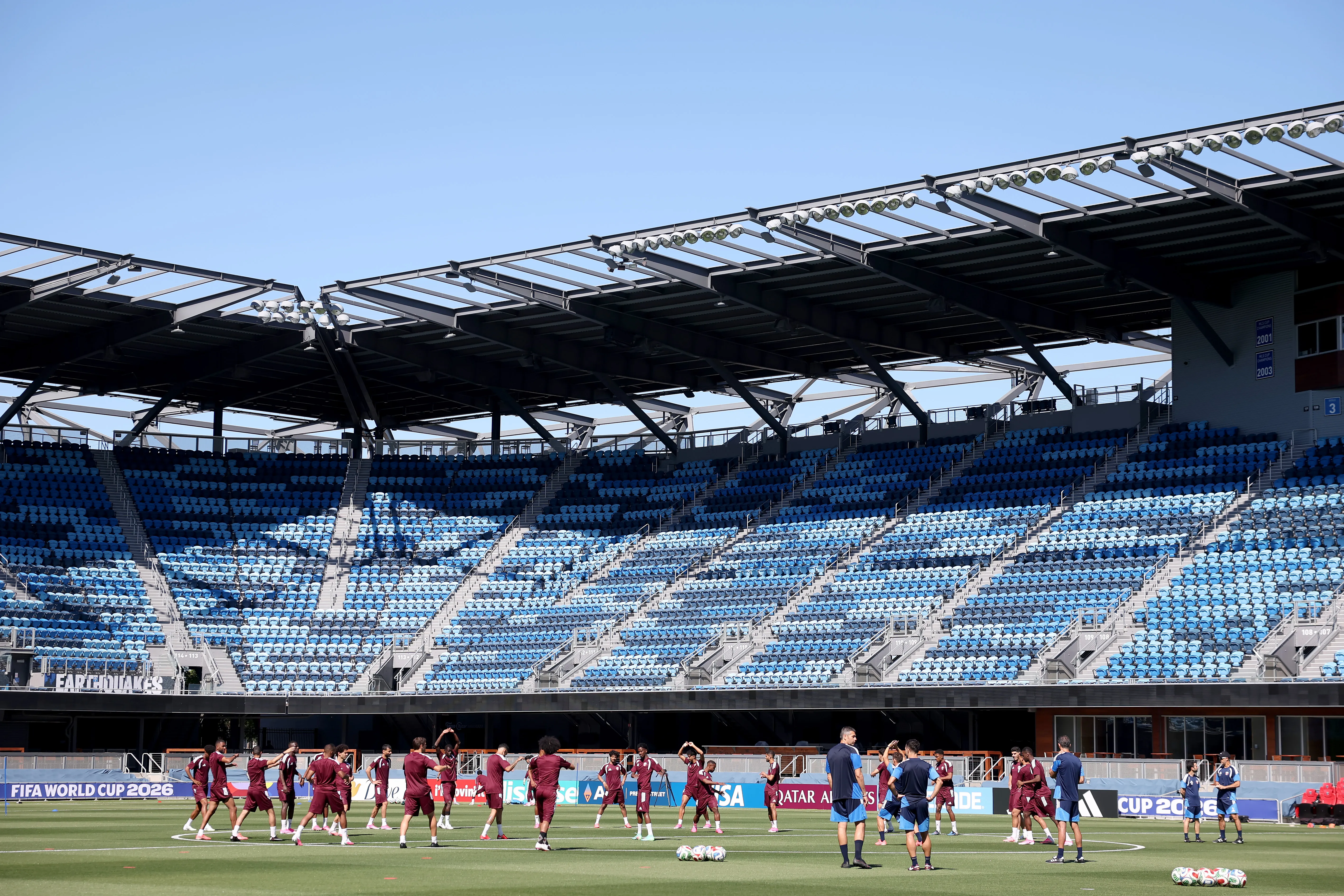SAN FRANCISCO, CALIFORNIA – JUNE 12: Qatar players participate in a drill during the training and press conference of Qatar one day ahead of the FIFA World Cup 2026 Group B match between Qatar and Switzerland at San Francisco Bay Area Stadium on June 12, 2026 in San Francisco, California. (Photo by Alex Grimm/Getty Images)