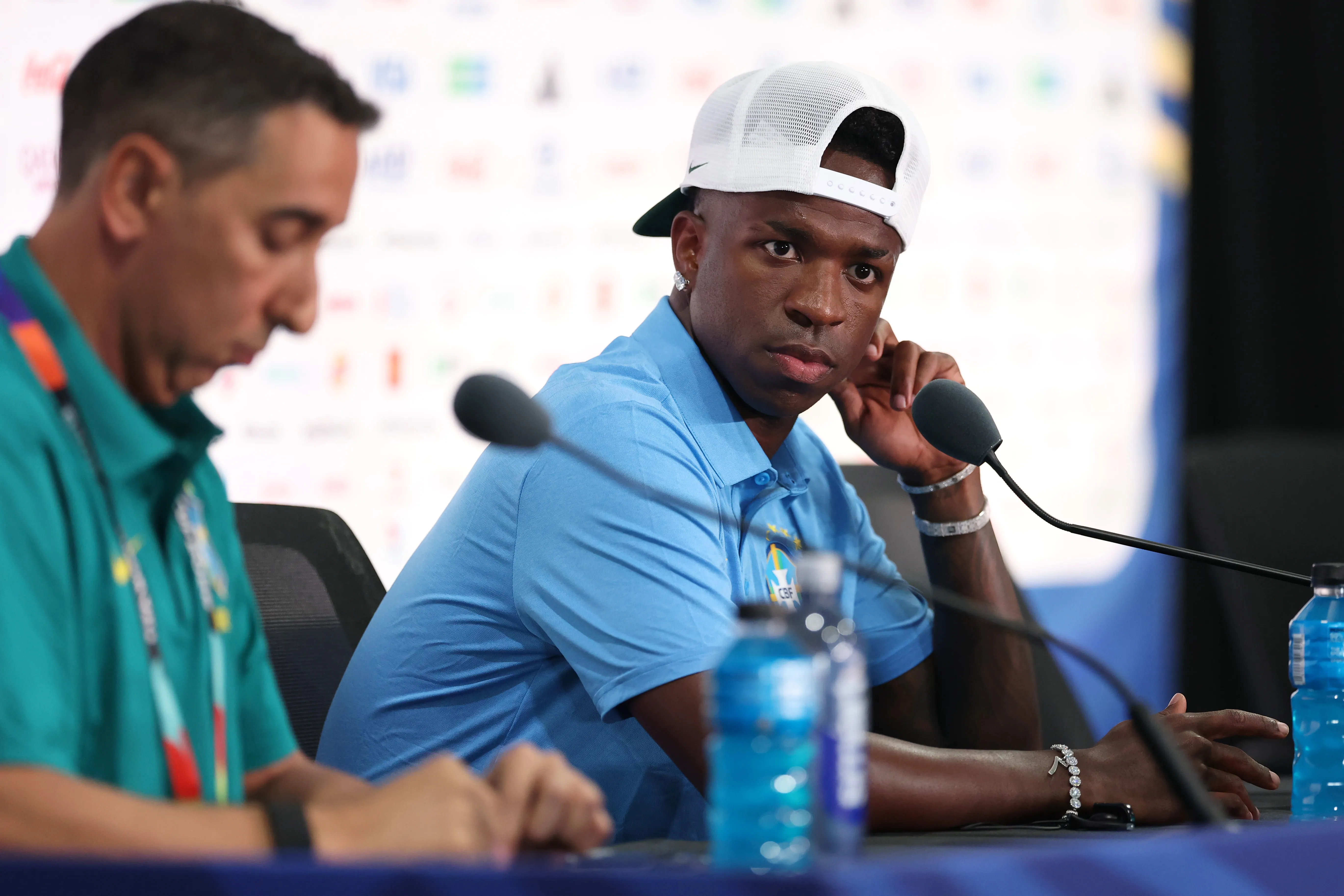 EAST RUTHERFORD, NEW JERSEY – JUNE Vinicius Junior  of Brazil speaks to the media during a press conference ahead of the FIFA World Cup 2026 Group C match between Brazil and Morocco at New York New Jersey Stadium on June 12, 2026 in East Rutherford, New Jersey. (Photo by Darrian Traynor/Getty Images)