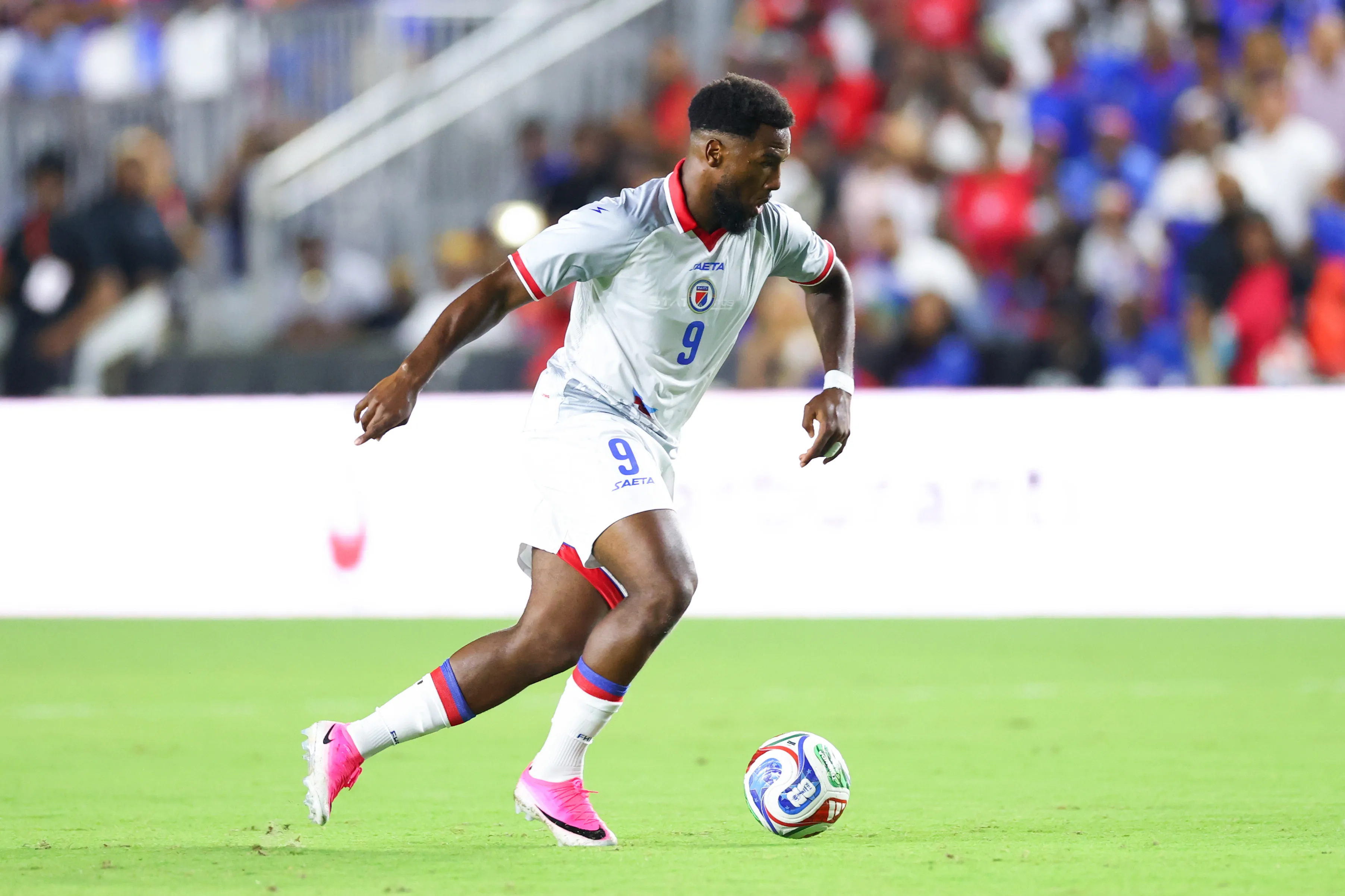 FORT LAUDERDALE, FLORIDA – JUNE 02: Duckens Nazon #9 of Haiti controls the ball against New Zealand in the first half during the international friendly match at Chase Stadium on June 02, 2026 in Fort Lauderdale, Florida. (Photo by Megan Briggs/Getty Images)