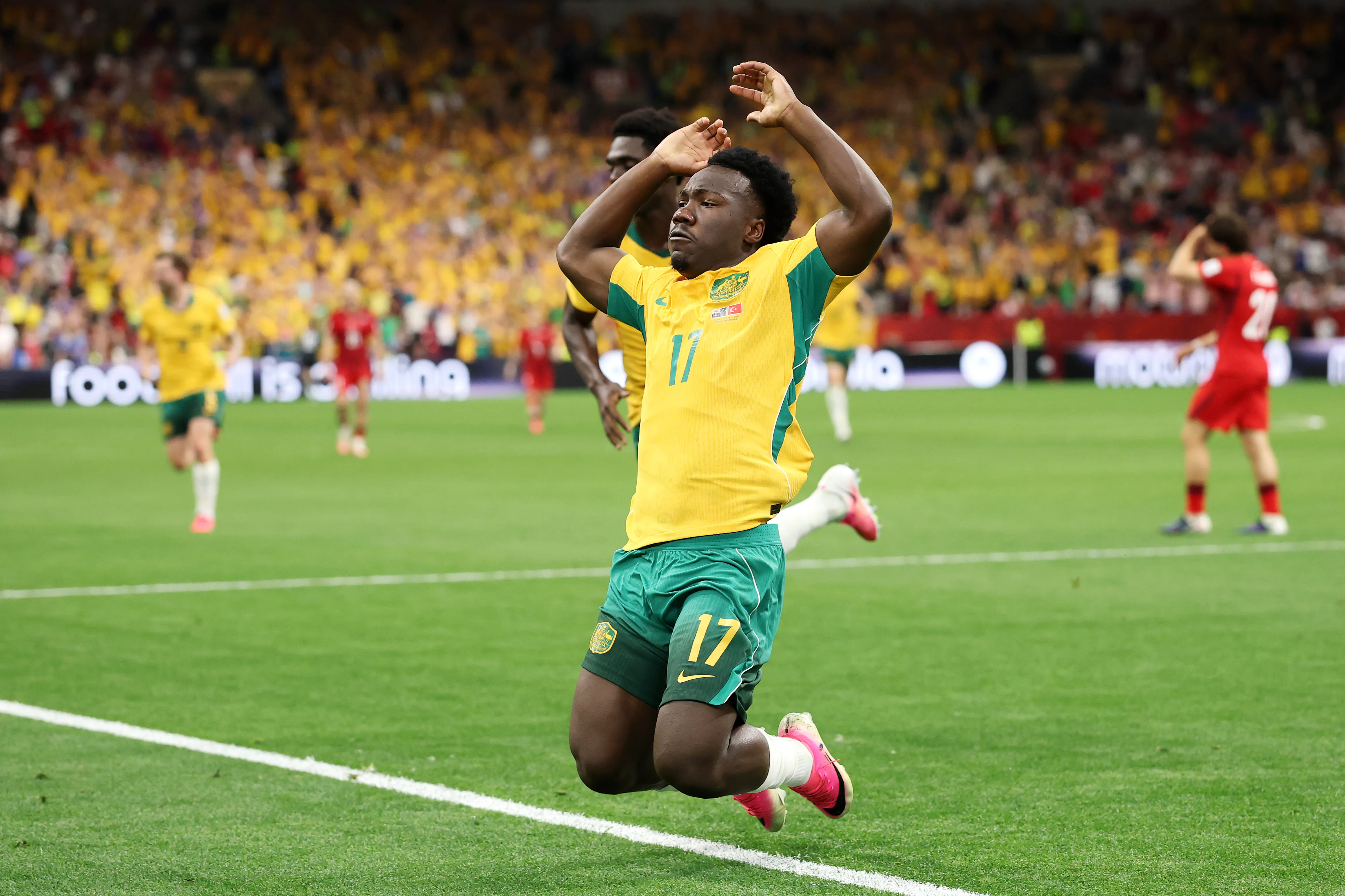 VANCOUVER, BRITISH COLUMBIA – JUNE 13: Nestory Irankunda #17 of Australia celebrates scoring his team’s first goal during the FIFA World Cup 2026 Group D match between Australia and Türkiye at BC Place Vancouver on June 13, 2026 in Vancouver, British Columbia. (Photo by Stu Forster/Getty Images)