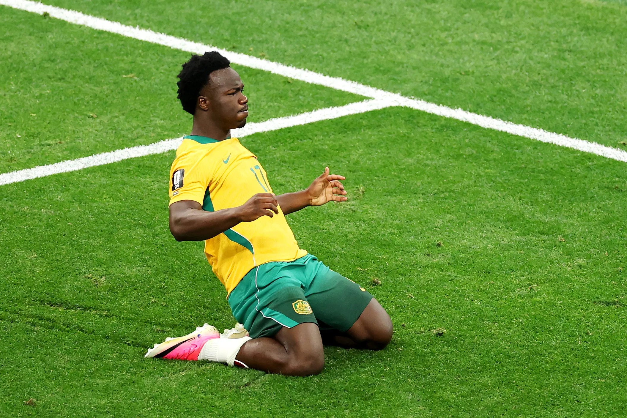 VANCOUVER, BRITISH COLUMBIA – JUNE 13: Nestory Irankunda #17 of Australia celebrates scoring his team’s first goal during the FIFA World Cup 2026 Group D match between Australia and Türkiye at BC Place Vancouver on June 13, 2026 in Vancouver, British Columbia. (Photo by Richard Heathcote/Getty Images)