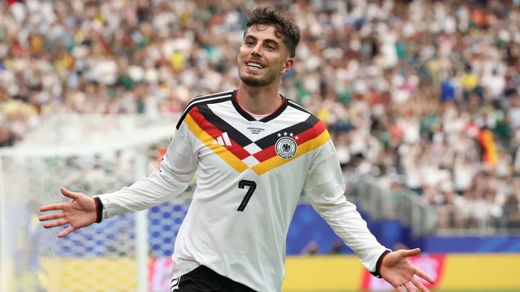 HOUSTON, TEXAS - JUNE 14: Kai Havertz #7 of Germany celebrates scoring his team's seventh goal during the FIFA World Cup 2026 Group E match between Germany and Curacao at Houston Stadium on June 14, 2026 in Houston, Texas. (Photo by Alexander Hassenstein/Getty Images)