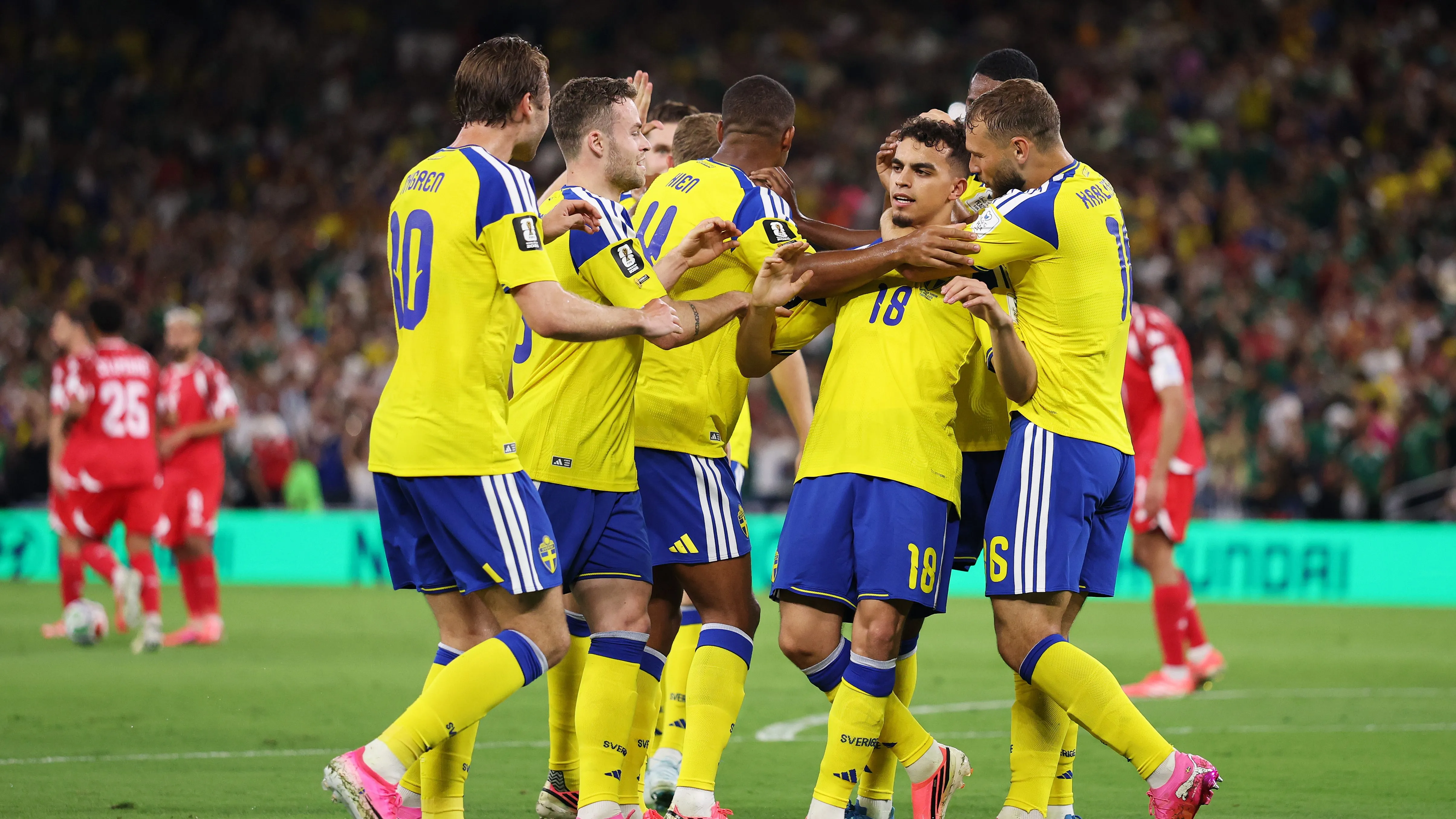 MONTERREY, MEXICO – JUNE 14: Yasin Ayari #18 of Sweden celebrates with teammates after scoring his team’s first goal during the FIFA World Cup 2026 Group F match between Sweden and Tunisia at Monterrey Stadium on June 14, 2026 in Monterrey, Mexico. (Photo by Luke Hales/Getty Images)