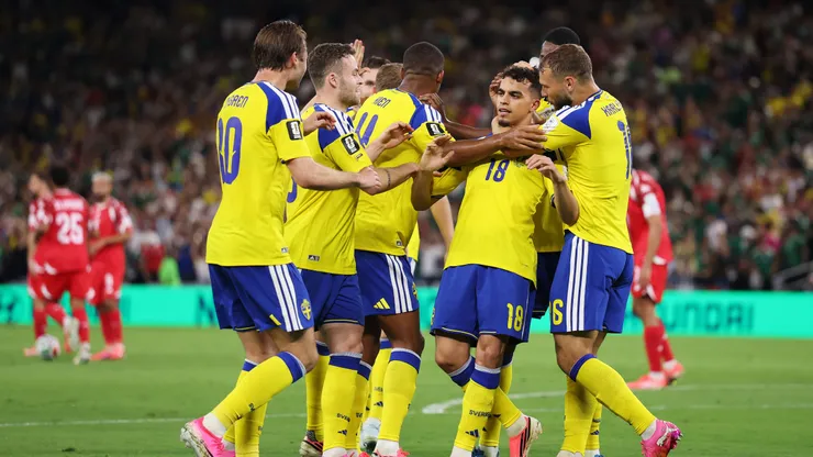 MONTERREY, MEXICO - JUNE 14: Yasin Ayari #18 of Sweden celebrates with teammates after scoring his team's first goal during the FIFA World Cup 2026 Group F match between Sweden and Tunisia at Monterrey Stadium on June 14, 2026 in Monterrey, Mexico. (Photo by Luke Hales/Getty Images)