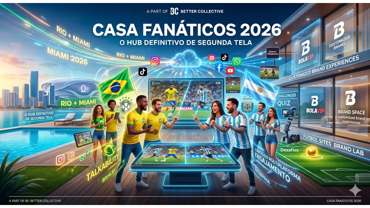 Ilustração do projeto Casa Fanáticos, onde brasileiros e argentinos estão acompanhando a Copa sob o mesmo teto - Gemini