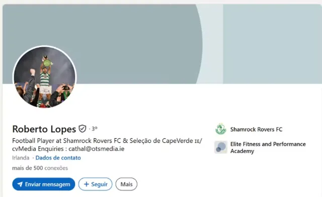 Perfil no LinkedIn que rendeu a Roberto “Pico” Lopes uma vaga na seleção de Cabo Verde. — Foto: Reprodução / Caixa