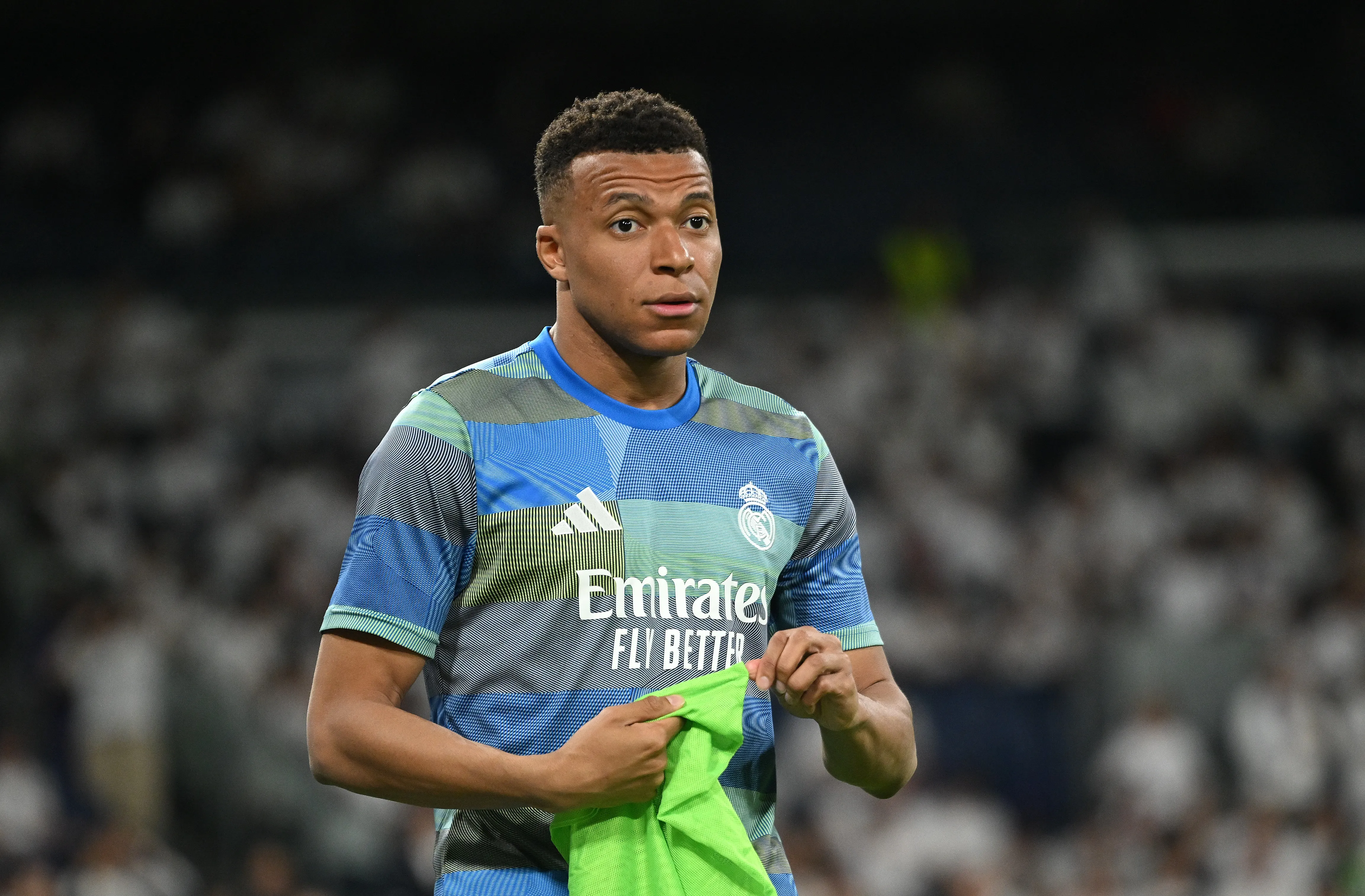 MADRID, SPAIN – APRIL 21: Kylian Mbappe of Real Madrid looks on during the warm-up session before the LaLiga EA Sports match between Real Madrid CF and Deportivo Alaves at Estadio Santiago Bernabeu on April 21, 2026 in Madrid, Spain. (Photo by Denis Doyle/Getty Images)