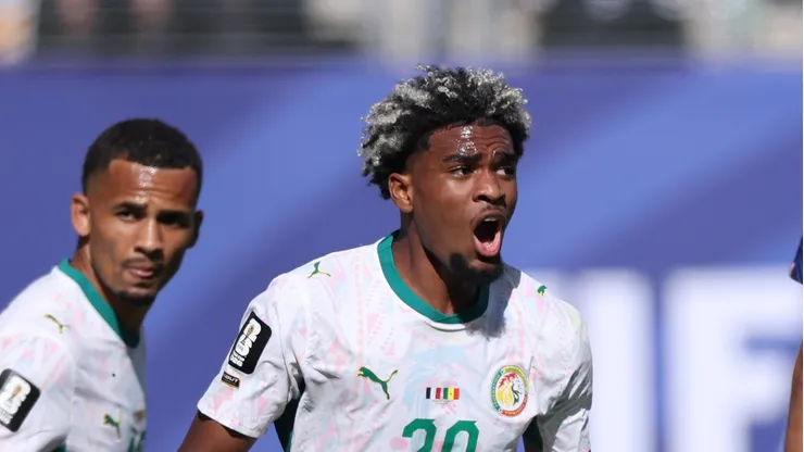 EAST RUTHERFORD, NEW JERSEY - JUNE 16: Ibrahim Mbaye #20 of Senegal celebrates scoring his team's first goal during the FIFA World Cup 2026 Group I match between France and Senegal at New York New Jersey Stadium on June 16, 2026 in East Rutherford, New Jersey. (Photo by Kevin C. Cox/Getty Images)