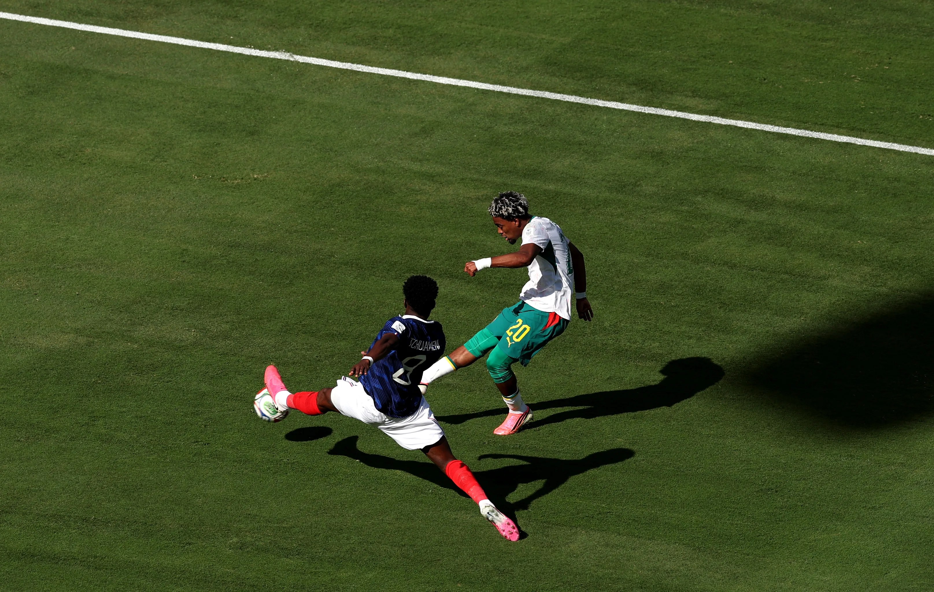 EAST RUTHERFORD, NEW JERSEY – JUNE 16: Ibrahim Mbaye #20 of Senegal scores his team’s first goal during the FIFA World Cup 2026 Group I match between France and Senegal at New York New Jersey Stadium on June 16, 2026 in East Rutherford, New Jersey. (Photo by Darrian Traynor/Getty Images)