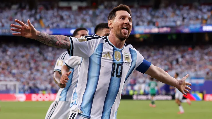 KANSAS CITY, MISSOURI - JUNE 16: Lionel Messi #10 of Argentina celebrates scoring his team's first goal during the FIFA World Cup 2026 Group J match between Argentina and Algeria at Kansas City Stadium on June 16, 2026 in Kansas City, Missouri. (Photo by Charlotte Wilson/Getty Images)