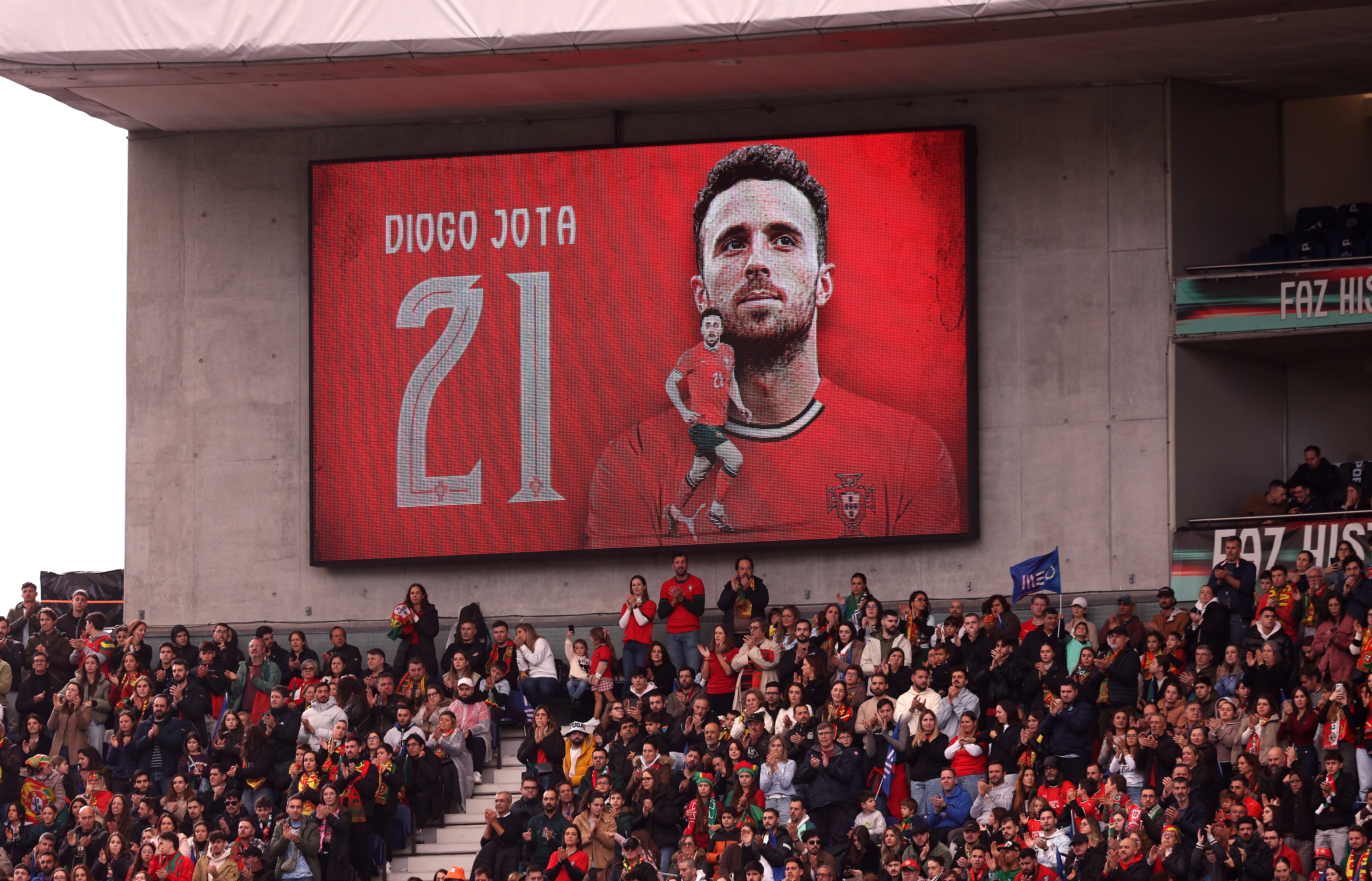 PORTO, PORTUGAL – NOVEMBER 16: A memorial for Diogo Jota is seen on a screen in the stands during the FIFA World Cup 2026 qualifier match between Portugal and Armenia at Estadio do Dragao on November 16, 2025 in Porto, Portugal. (Photo by Carlos Rodrigues/Getty Images)