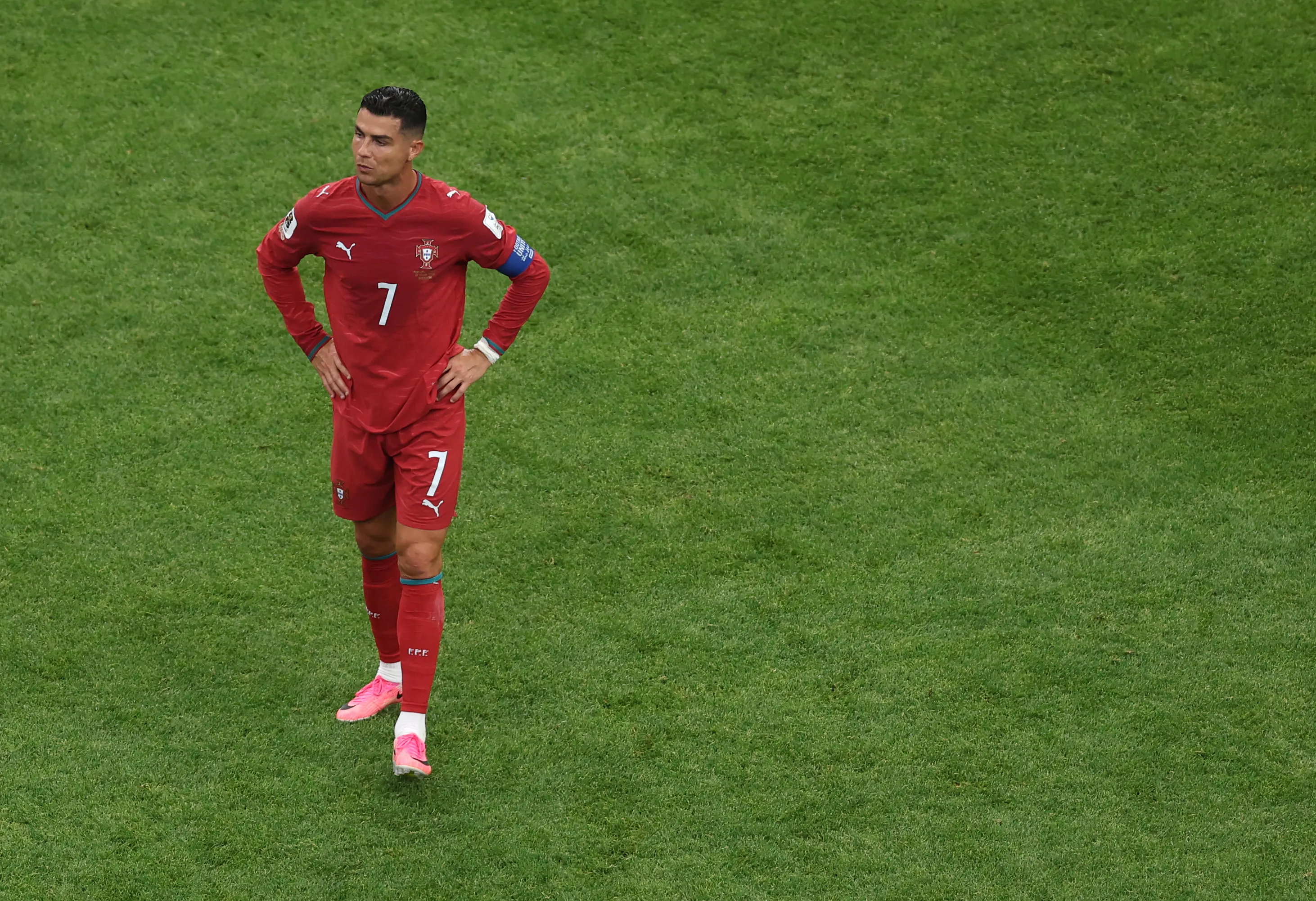 HOUSTON, TEXAS – JUNE 17: Cristiano Ronaldo #7 of Portugal reacts after the 1-1 draw during the FIFA World Cup 2026 Group K match between Portugal and Congo DR at Houston Stadium on June 17, 2026 in Houston, Texas. (Photo by Lars Baron/Getty Images)