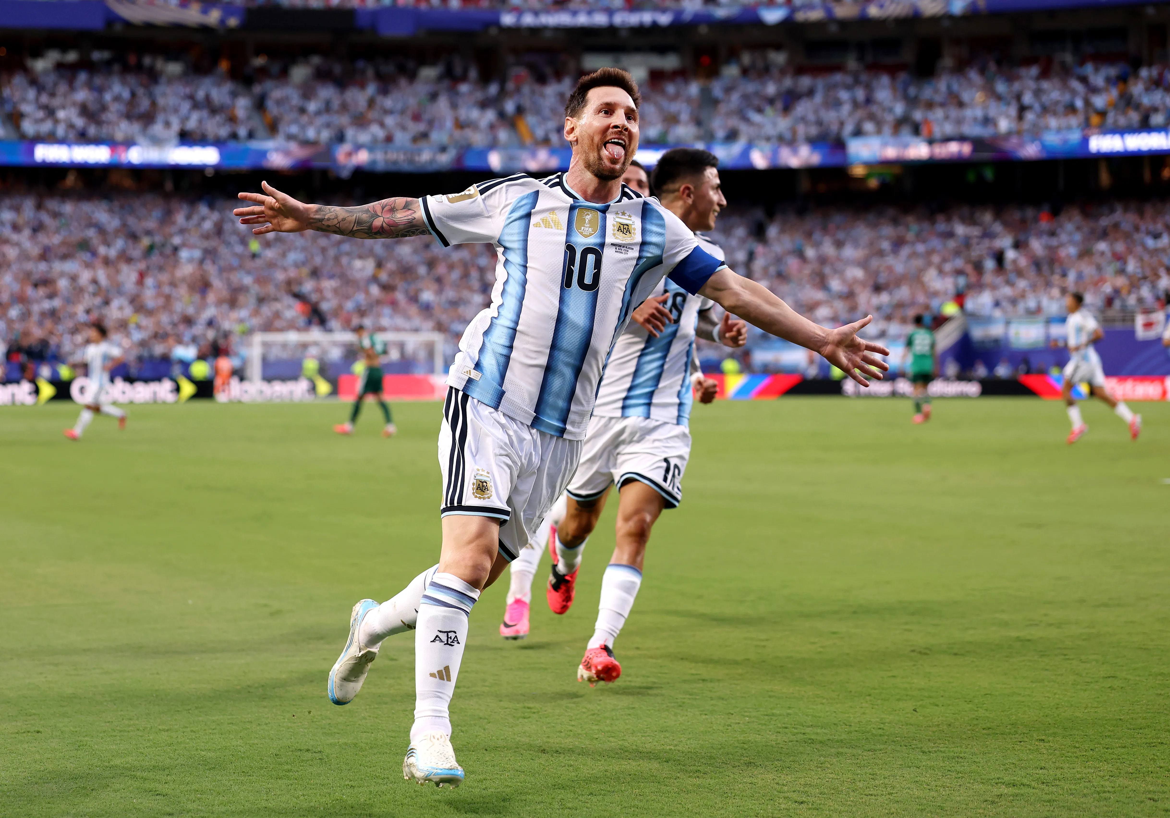 KANSAS CITY, MISSOURI – JUNE 16: Lionel Messi #10 of Argentina celebrates scoring his team’s first goal during the FIFA World Cup 2026 Group J match between Argentina and Algeria at Kansas City Stadium on June 16, 2026 in Kansas City, Missouri. (Photo by Charlotte Wilson/Getty Images)