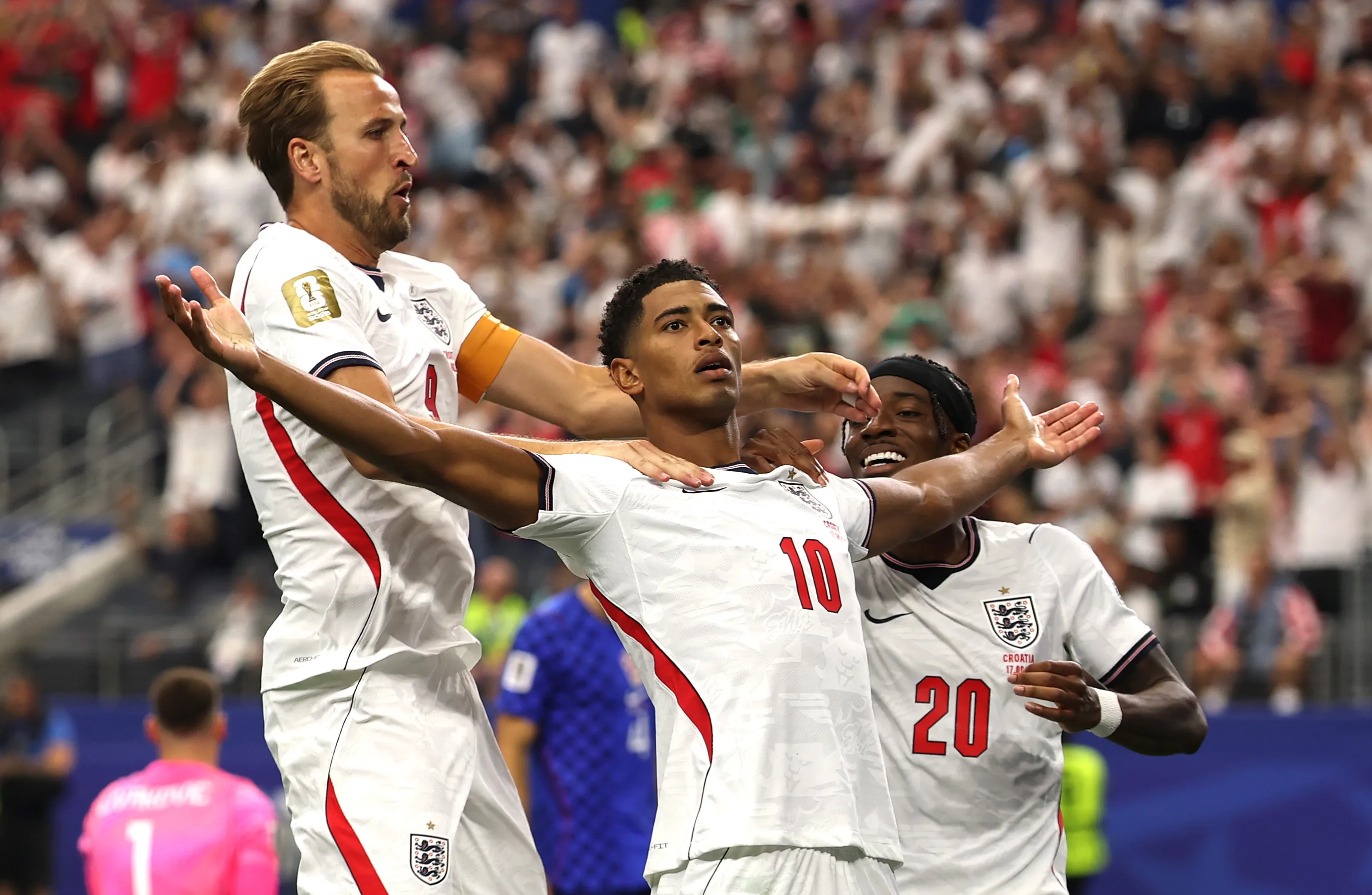 ARLINGTON, TEXAS – JUNE 17: Jude Bellingham #10 of England celebrates with Harry Kane #9 after scoring the team’s third goal during the FIFA World Cup 2026 Group L match between England and Croatia at Dallas Stadium on June 17, 2026 in Arlington, Texas. (Photo by Francois Nel/Getty Images)