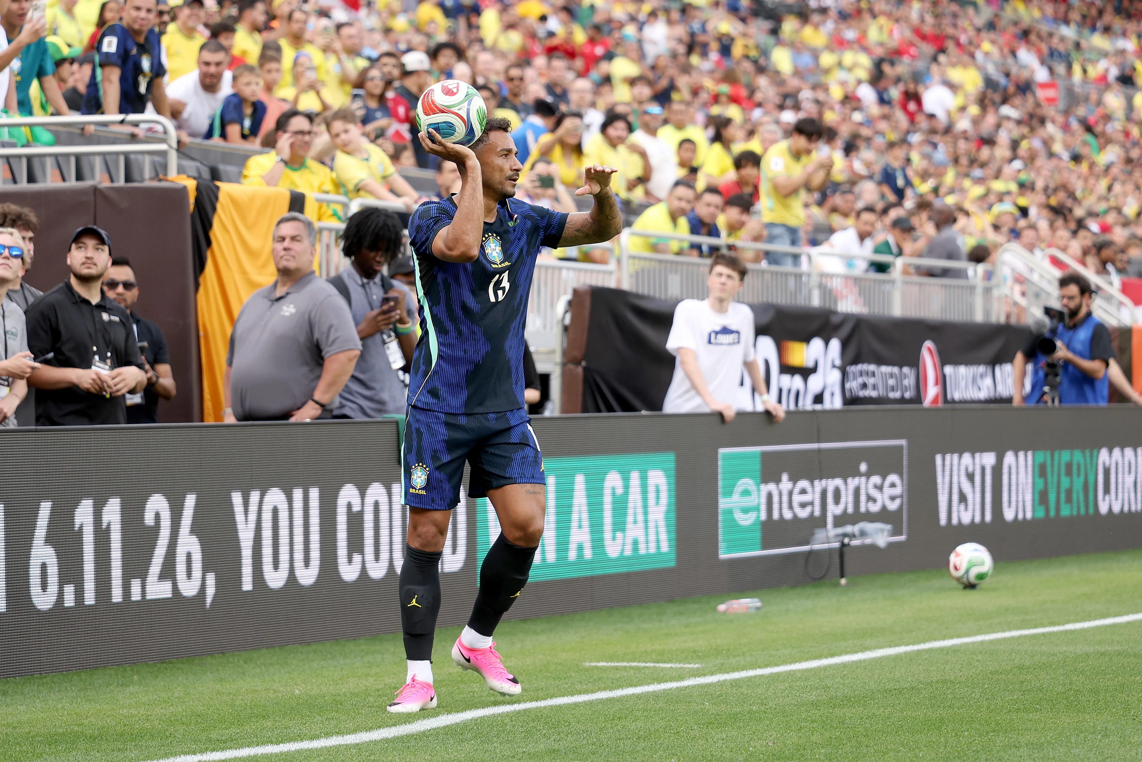 CLEVELAND, OHIO – JUNE 6:  Danilo #13 of Brazil throws in the ball during the international friendly match against Egypt at Huntington Bank Field on June 6, 2026 in Cleveland, Ohio. Brazil defeated Egypt 2-1. (Photo by Kirk Irwin/Getty Images)