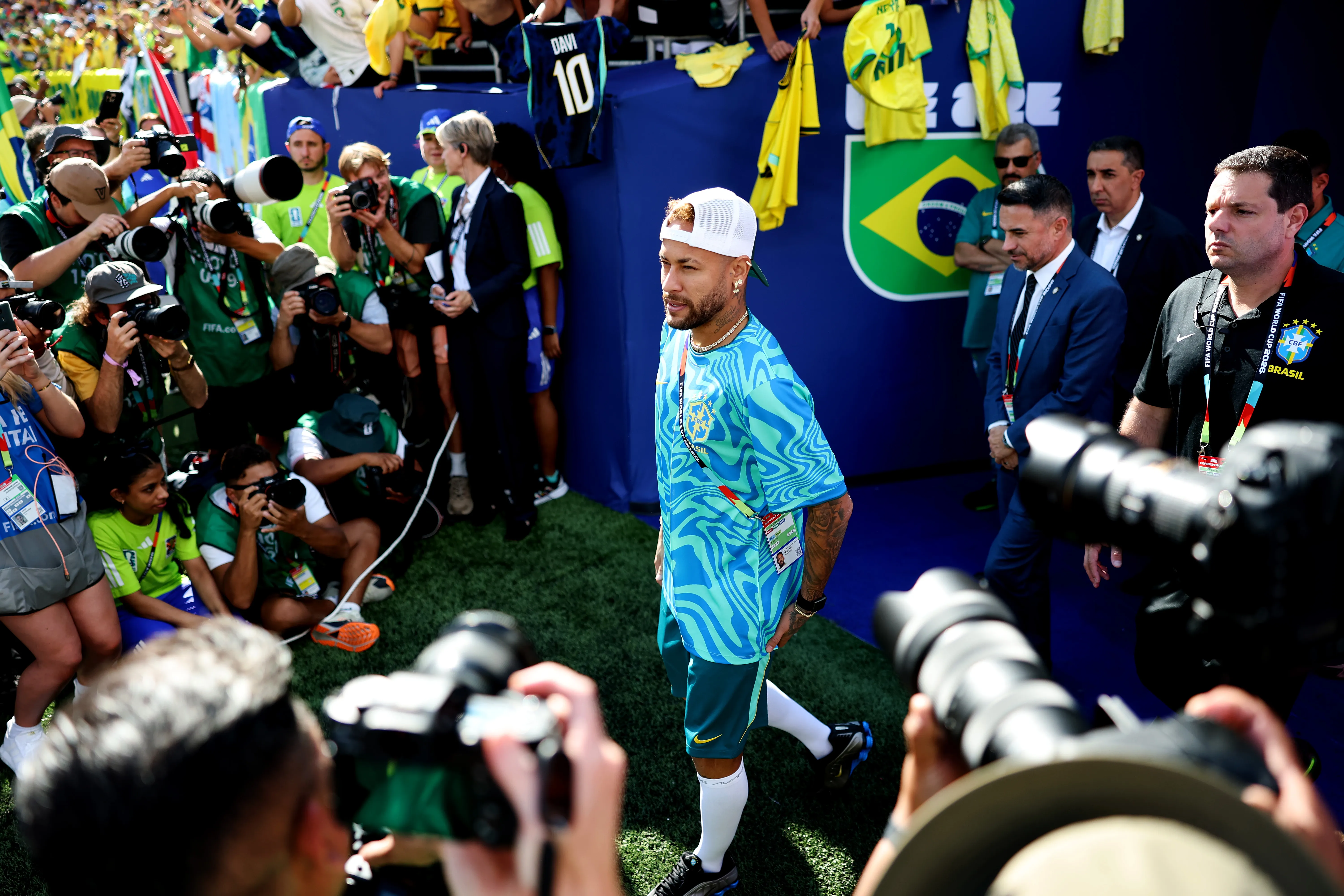 EAST RUTHERFORD, NEW JERSEY – JUNE 13: Neymar Jr #10 of Brazil inspects the pitch before the FIFA World Cup 2026 Group C match between Brazil and Morocco at New York New Jersey Stadium on June 13, 2026 in East Rutherford, New Jersey. (Photo by Dan Mullan/Getty Images)