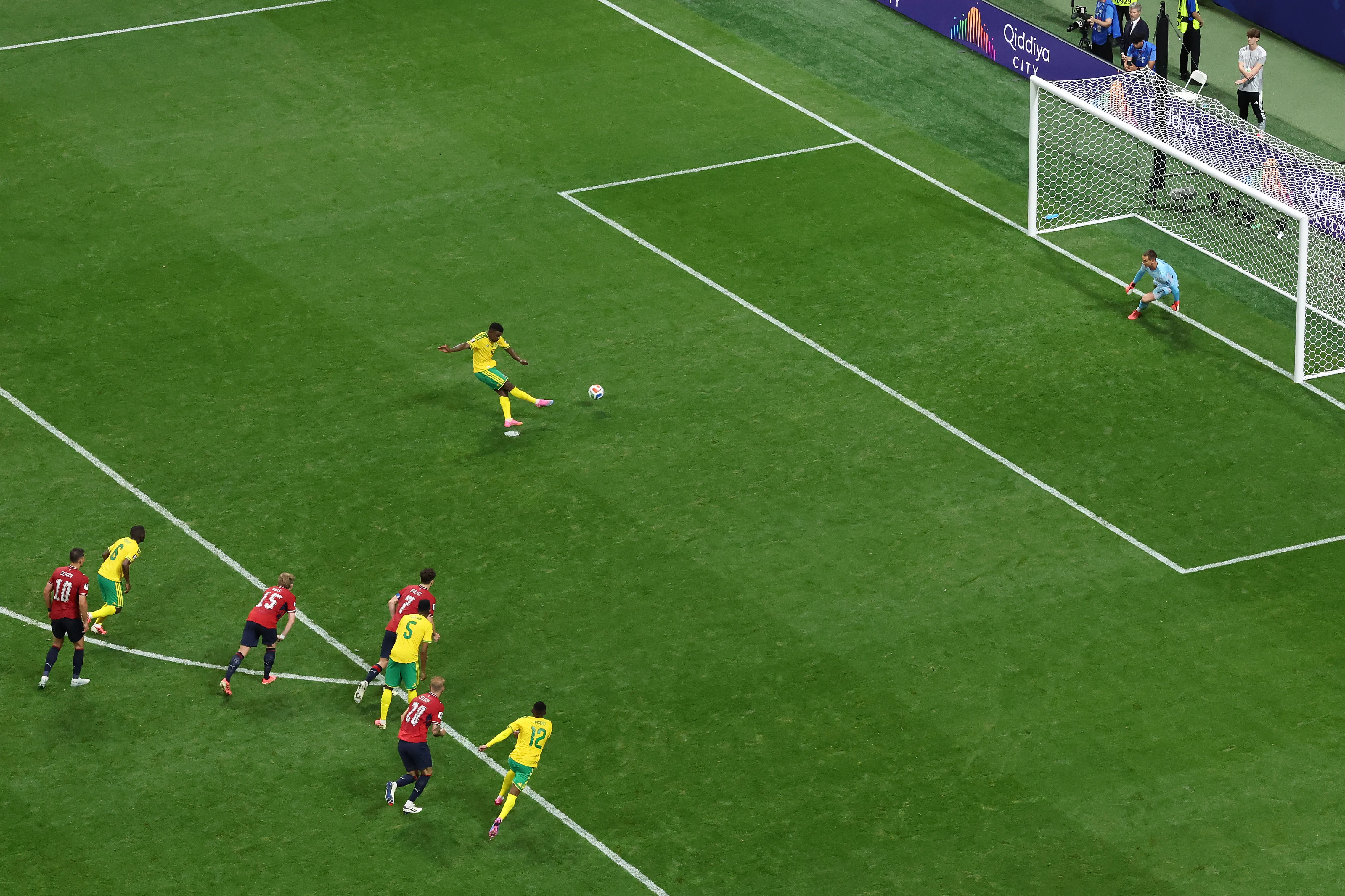 ATLANTA, GEORGIA – JUNE 18: Teboho Mokoena #4 of South Africa scores a penalty for his team’s first goal during the FIFA World Cup 2026 Group A match between Czechia and South Africa at Atlanta Stadium on June 18, 2026 in Atlanta, Georgia. (Photo by Molly Darlington/Getty Images)