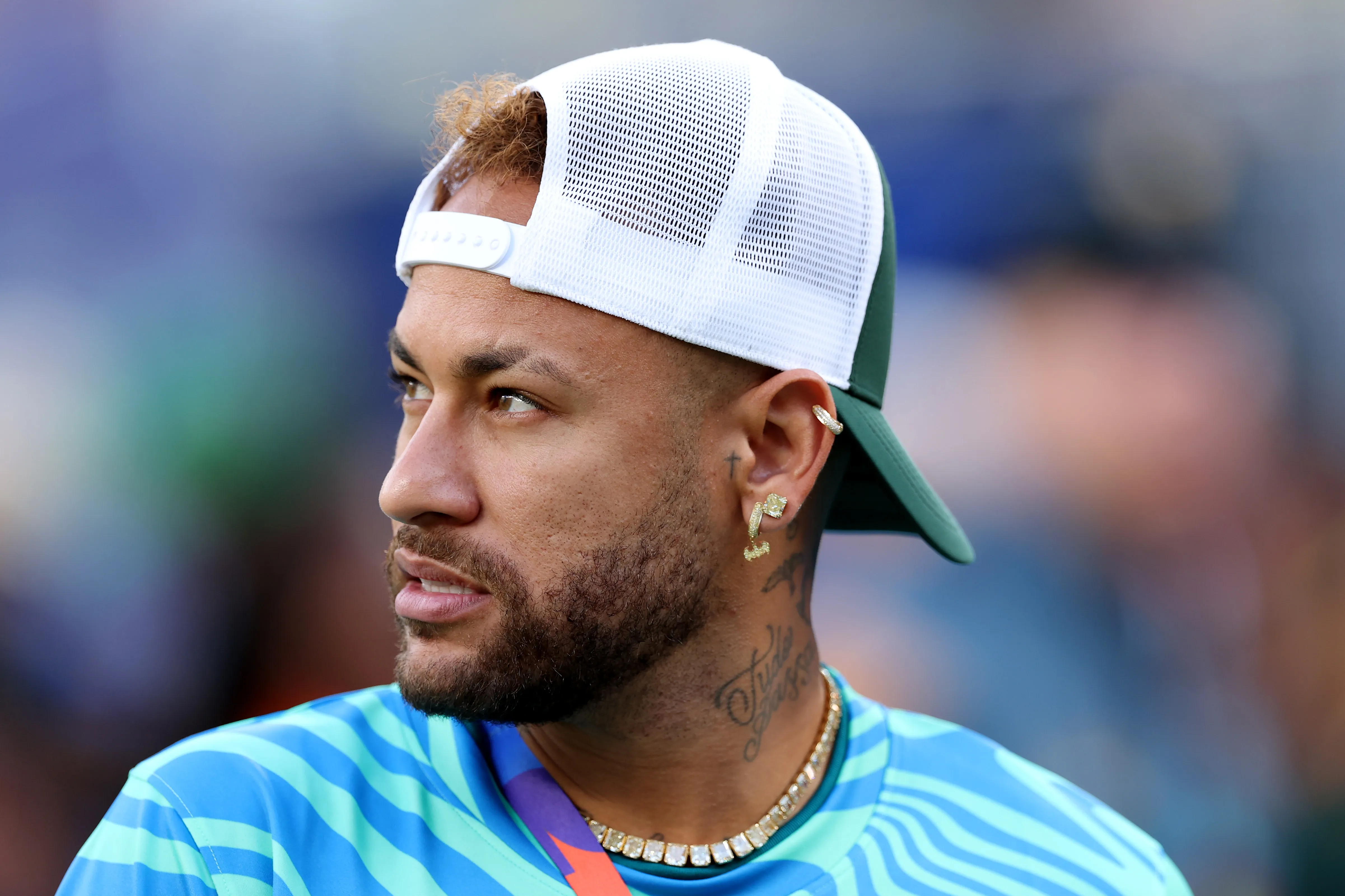 EAST RUTHERFORD, NEW JERSEY – JUNE 13: Neymar of Brazil looks on before the FIFA World Cup 2026 Group C match between Brazil and Morocco at New York New Jersey Stadium on June 13, 2026 in East Rutherford, New Jersey. (Photo by Darrian Traynor/Getty Images)