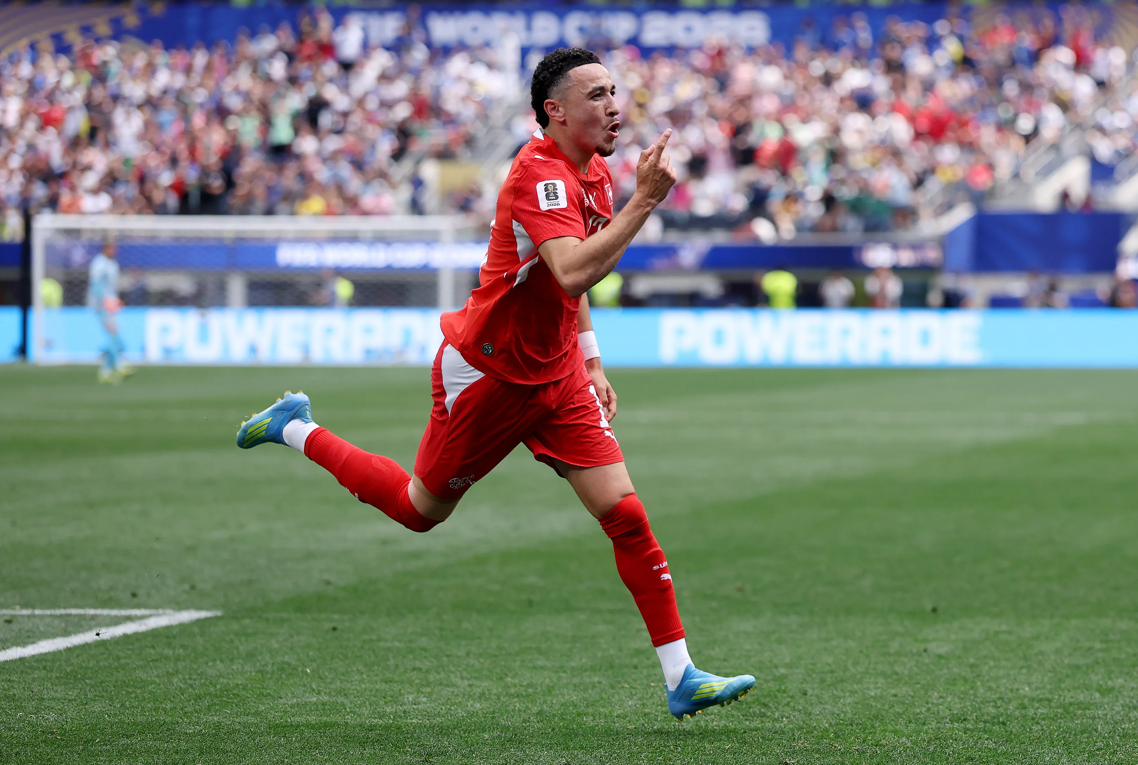 INGLEWOOD, CALIFORNIA – JUNE 18: Ruben Vargas #17 of Switzerland celebrates scoring his team’s second goal during the FIFA World Cup 2026 Group B match between Switzerland and Bosnia and Herzegovina at Los Angeles Stadium on June 18, 2026 in Inglewood, California. (Photo by Dean Mouhtaropoulos/Getty Images)