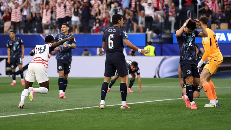 INGLEWOOD, CALIFORNIA - JUNE 12: Damian Bobadilla #16 of Paraguay looks dejected after scoring an own goal, the first goal for the United States, during the FIFA World Cup 2026 Group D match between USA and Paraguay at Los Angeles Stadium on June 12, 2026 in Inglewood, California. (Photo by Richard Heathcote/Getty Images)
