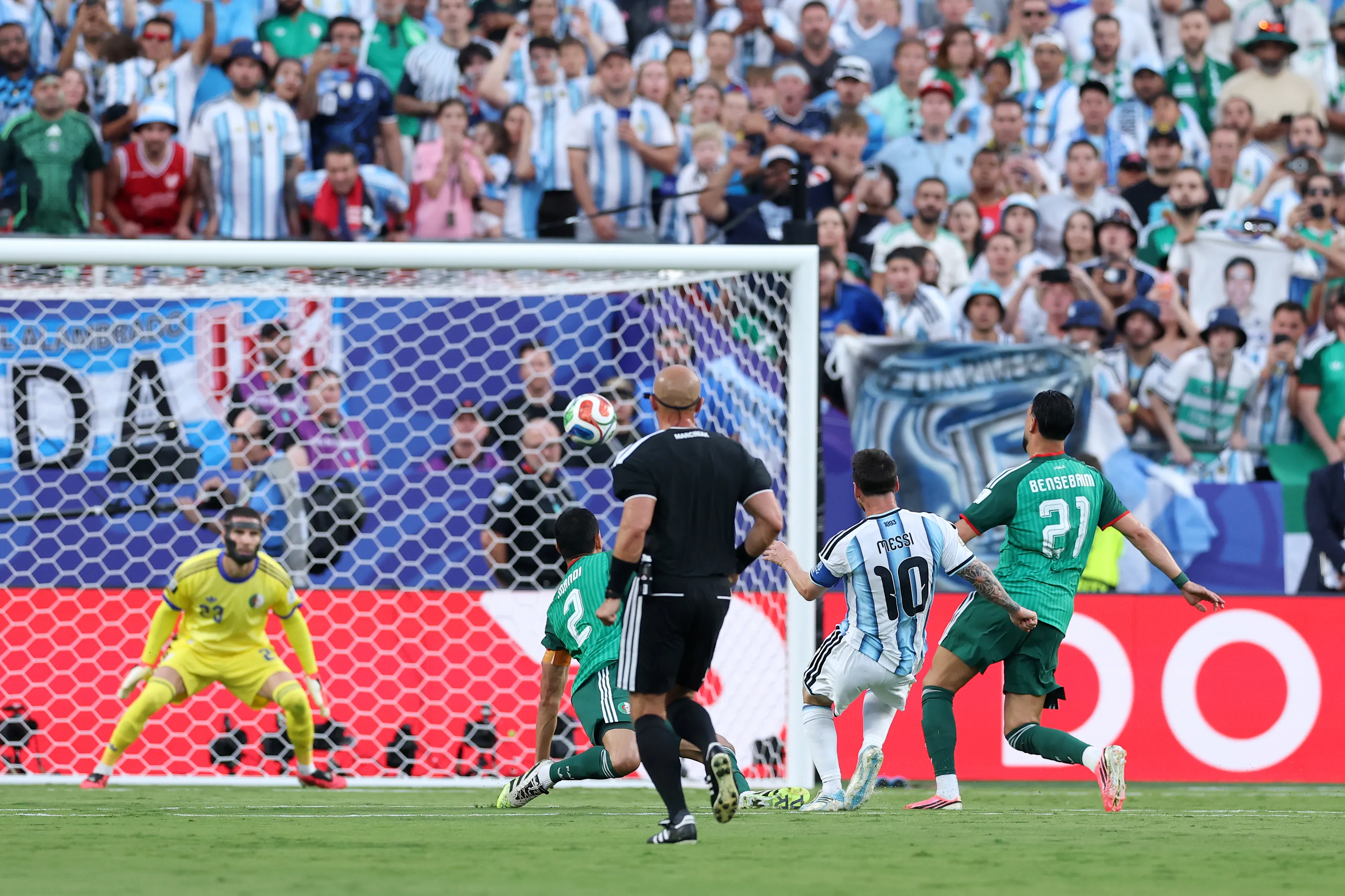 KANSAS CITY, MISSOURI – JUNE 16: Lionel Messi #10 of Argentina scores his team’s first goal past Luca Zidane #23 of Algeria during the FIFA World Cup 2026 Group J match between Argentina and Algeria at Kansas City Stadium on June 16, 2026 in Kansas City, Missouri. (Photo by Michael Steele/Getty Images)