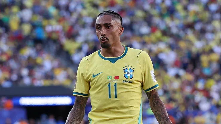 EAST RUTHERFORD, NEW JERSEY - JUNE 13: Raphinha #11 of Brazil reacts during the FIFA World Cup 2026 Group C match between Brazil and Morocco at New York New Jersey Stadium on June 13, 2026 in East Rutherford, New Jersey. (Photo by Kevin C. Cox/Getty Images)