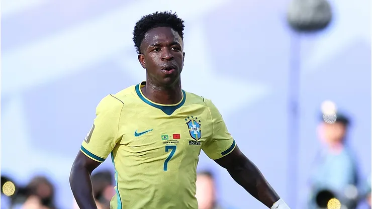 EAST RUTHERFORD, NEW JERSEY - JUNE 13: Vinícius Júnior #7 of Brazil looks on during the FIFA World Cup 2026 Group C match between Brazil and Morocco at New York New Jersey Stadium on June 13, 2026 in East Rutherford, New Jersey. (Photo by Kevin C. Cox/Getty Images)