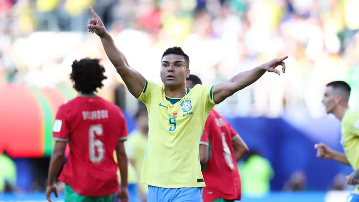 EAST RUTHERFORD, NEW JERSEY - JUNE 13: Casemiro #5 of Brazil reacts during the FIFA World Cup 2026 Group C match between Brazil and Morocco at New York New Jersey Stadium on June 13, 2026 in East Rutherford, New Jersey. (Photo by Kevin C. Cox/Getty Images)