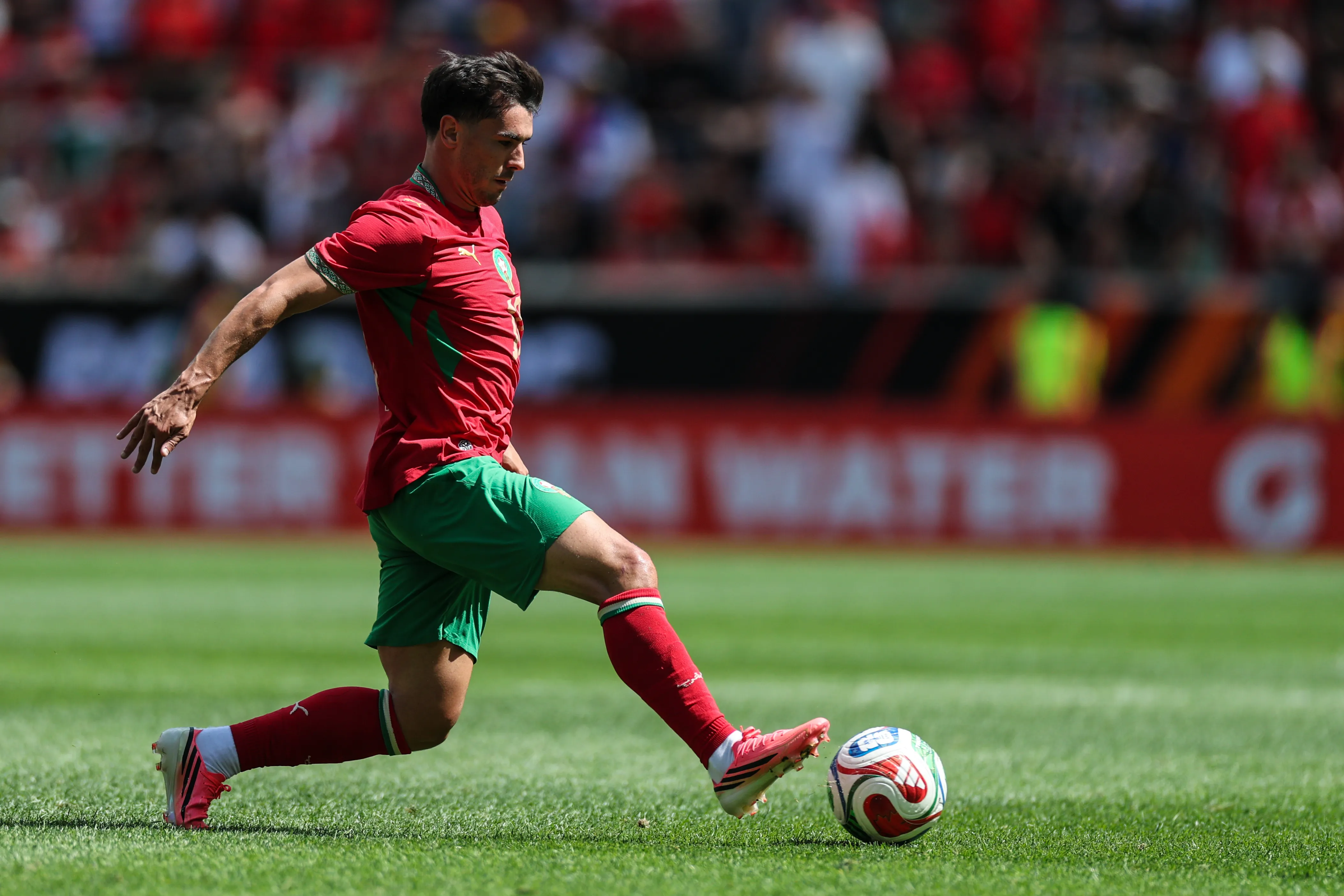 HARRISON, NEW JERSEY – JUNE 7: Brahim Díaz #10 of Morocco controls the ball against Norway during the international friendly match at Sports Illustrated Stadium on June 7, 2026 in Harrison, New Jersey. (Photo by Vincent Carchietta/Getty Images)