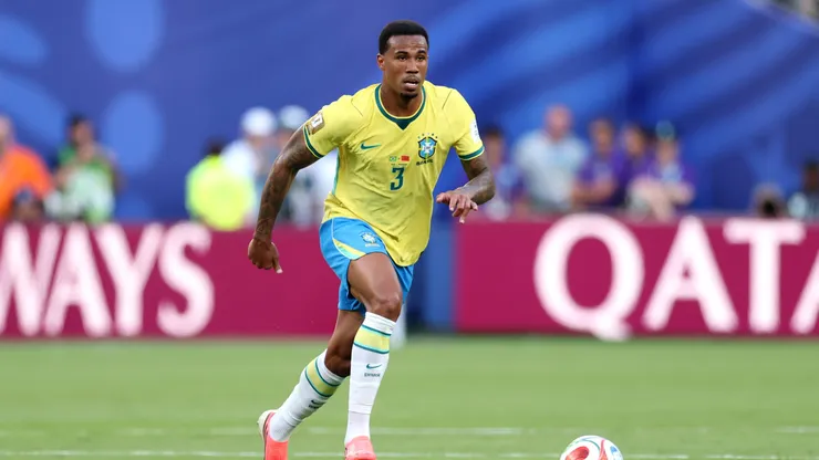 EAST RUTHERFORD, NEW JERSEY - JUNE 13: Gabriel Magalhaes #3 of Brazil controls the ball during the FIFA World Cup 2026 Group C match between Brazil and Morocco at New York New Jersey Stadium on June 13, 2026 in East Rutherford, New Jersey. (Photo by Darrian Traynor/Getty Images)