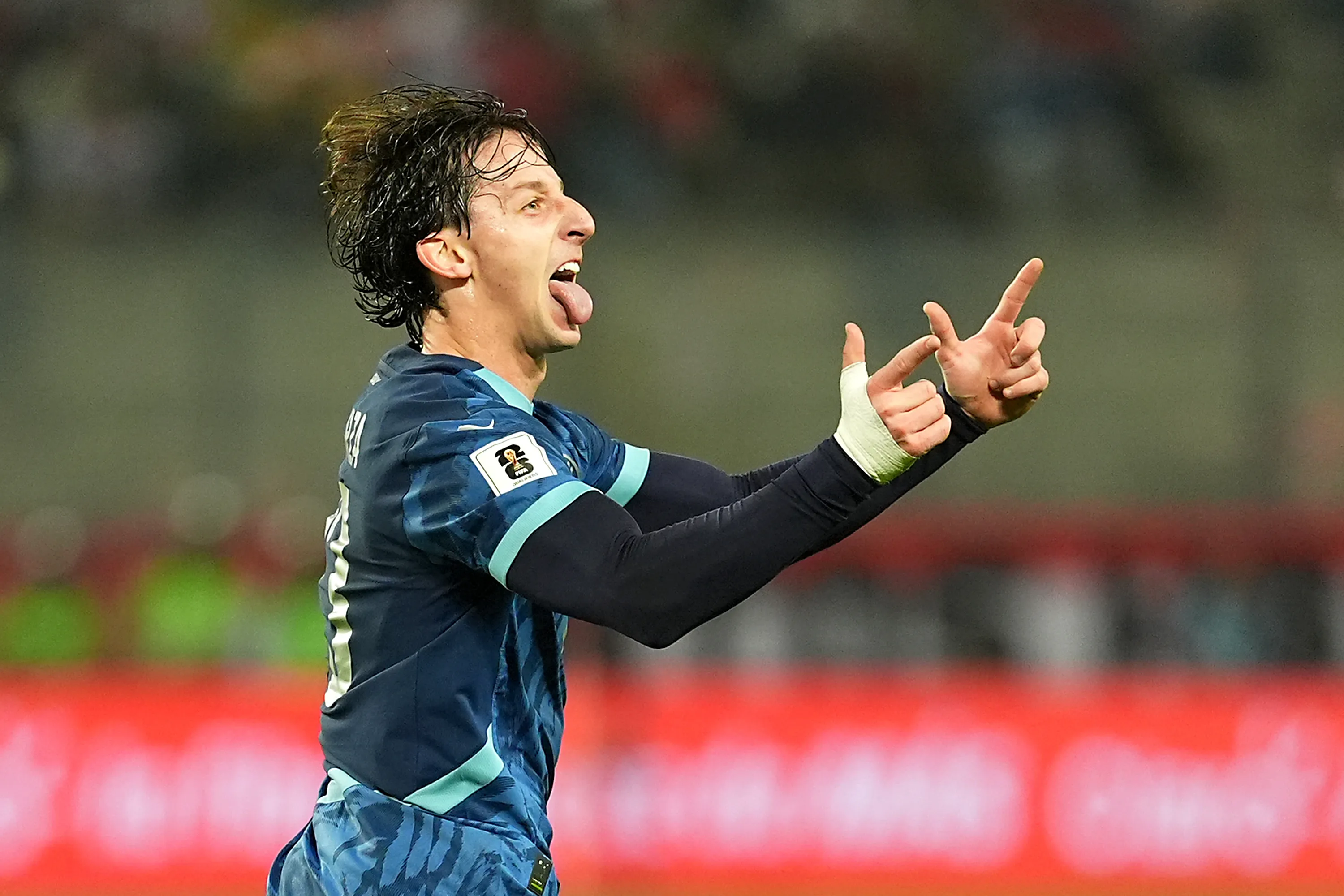 LIMA, PERU – SEPTEMBER 09: Matías Galarza Fonda of Paraguay celebrates after scoring the team’s first goal during the South American FIFA World Cup 2026 Qualifier match between Peru and Paraguay at Estadio Nacional de Lima on September 09, 2025 in Lima, Peru. (Photo by Raul Sifuentes/Getty Images)