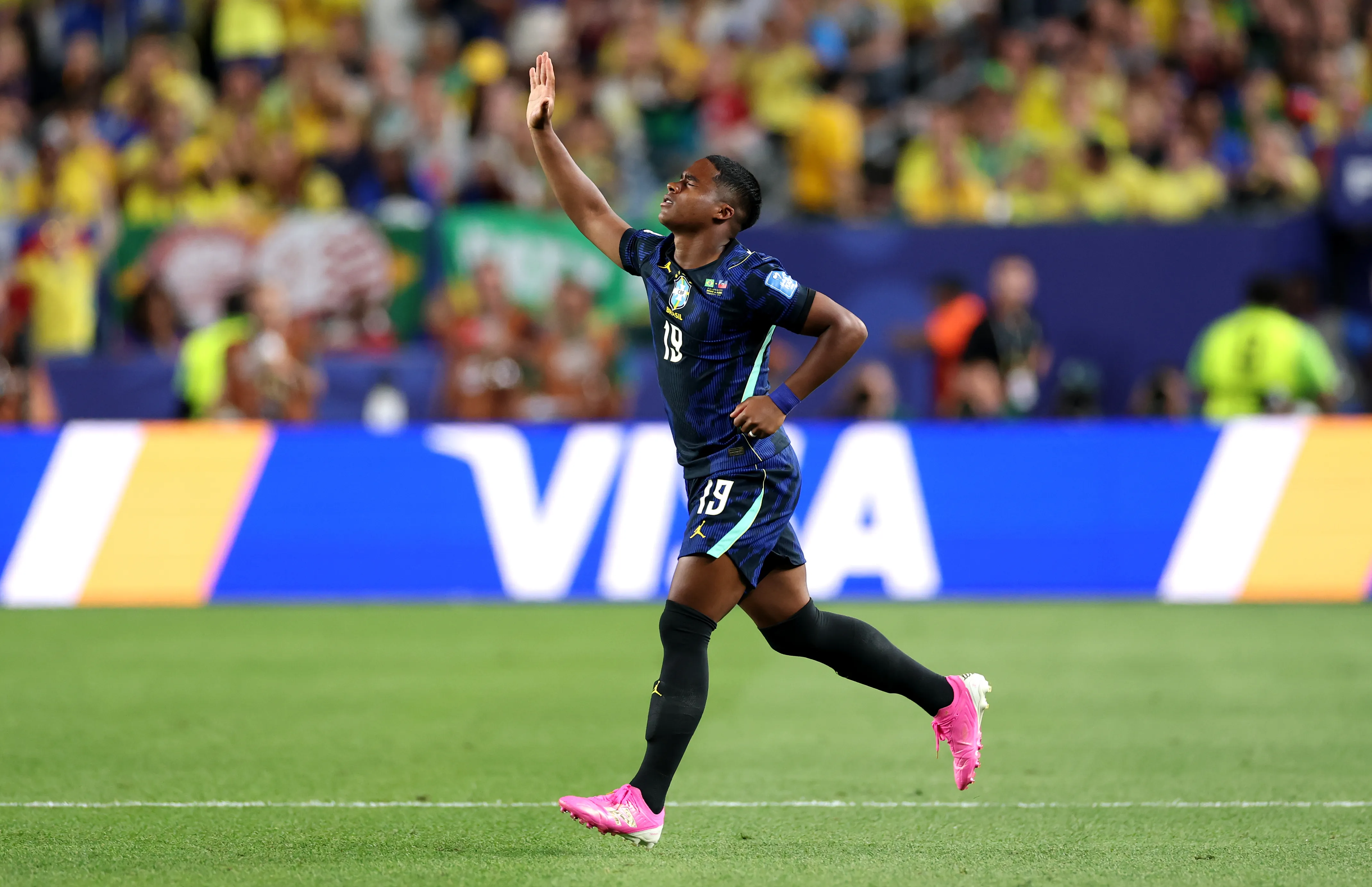PHILADELPHIA, PENNSYLVANIA – JUNE 19: Endrick #19 of Brazil reacts as he enters the pitch during the FIFA World Cup 2026 Group C match between Brazil and Haiti at Philadelphia Stadium on June 19, 2026 in Philadelphia, Pennsylvania. (Photo by Dan Mullan/Getty Images)