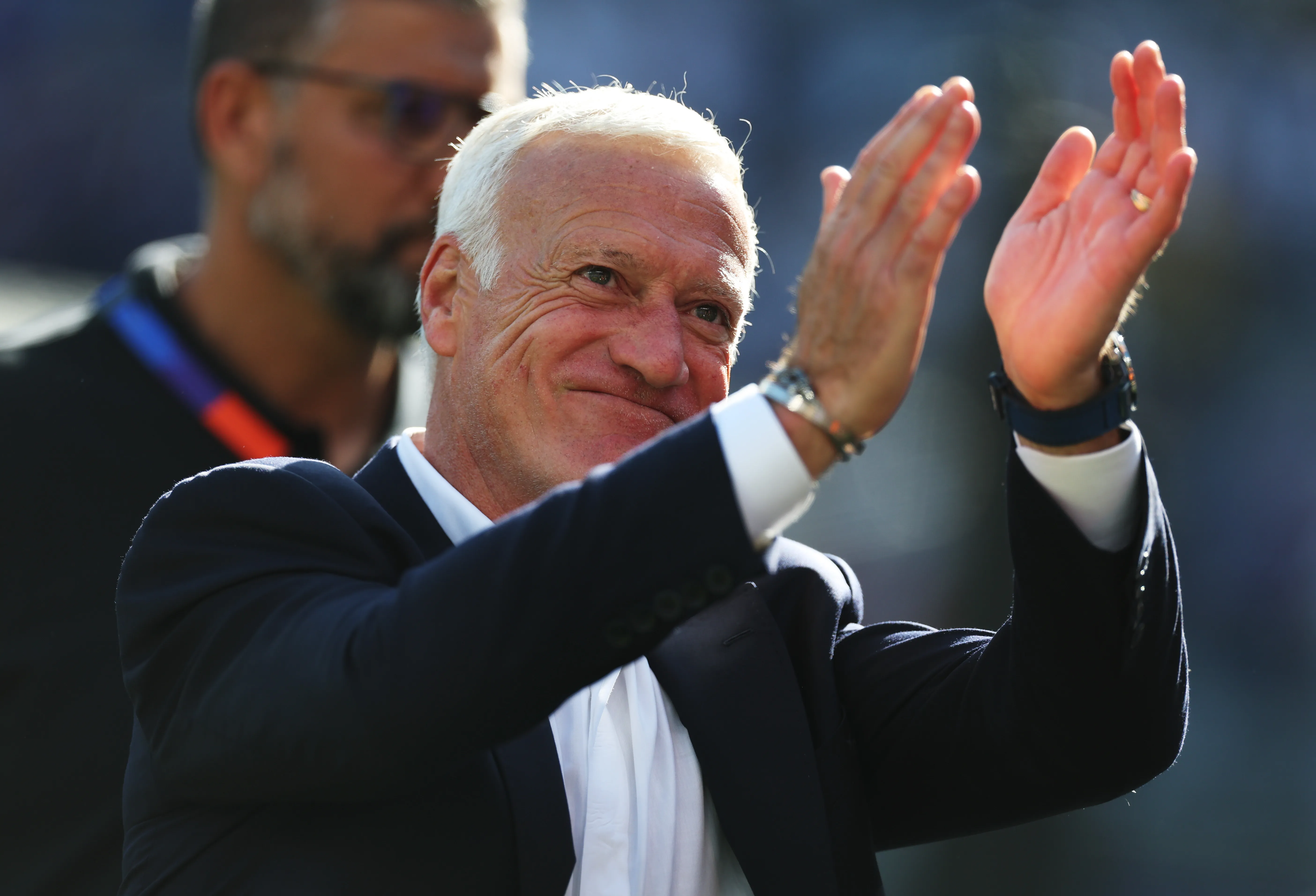 EAST RUTHERFORD, NEW JERSEY – JUNE 16: Didier Deschamps, Head Coach of France, celebrates after the 3-1 win during the FIFA World Cup 2026 Group I match between France and Senegal at New York New Jersey Stadium on June 16, 2026 in East Rutherford, New Jersey. (Photo by Al Bello/Getty Images)