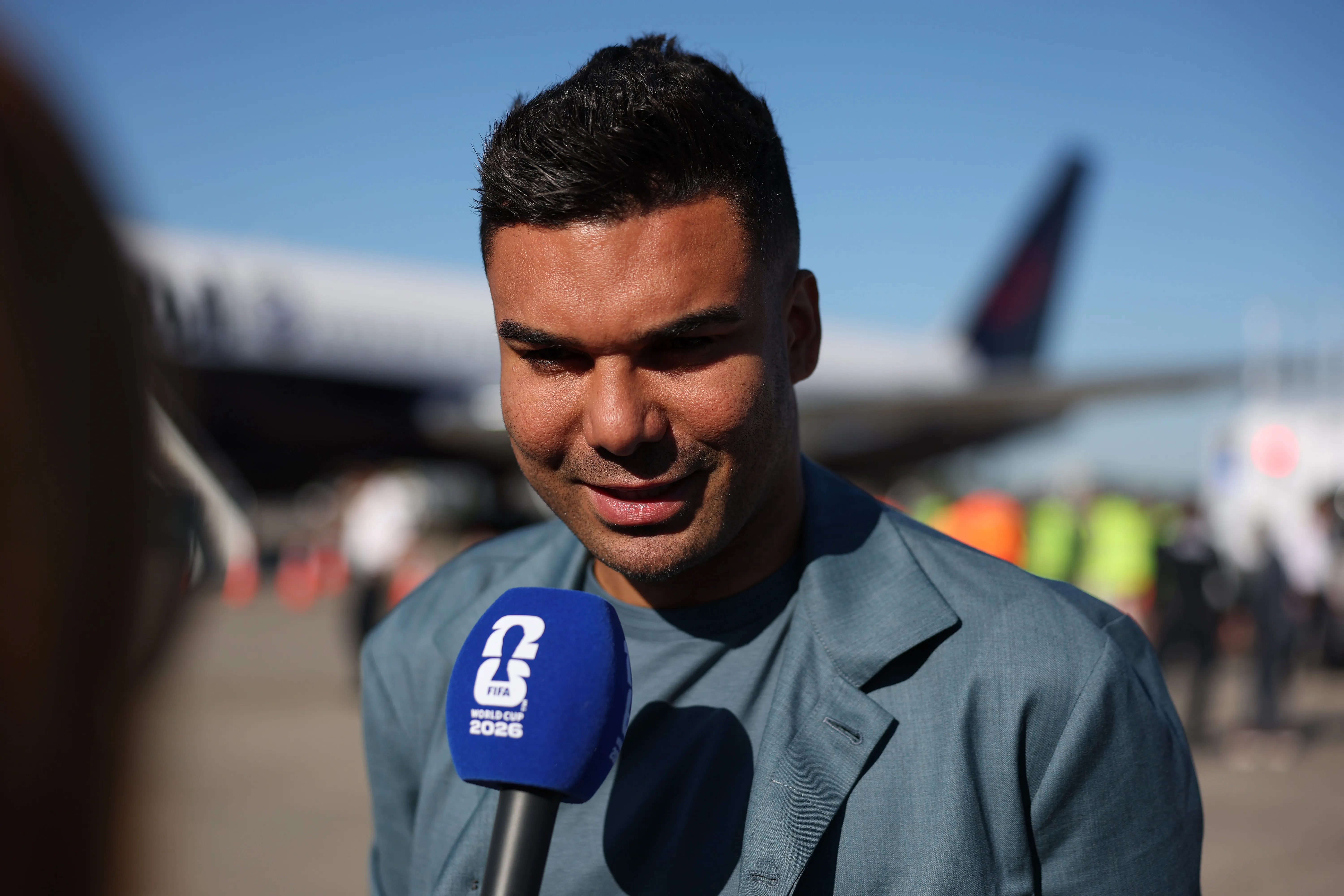 NEWARK, NEW JERSEY – JUNE 02: Casemiro of Team Brazil speaks to the media after their arrival to the United States ahead of the World Cup at Newark Liberty International Airport on June 02, 2026 in Newark, New Jersey. (Photo by Jordan Bank/Getty Images)