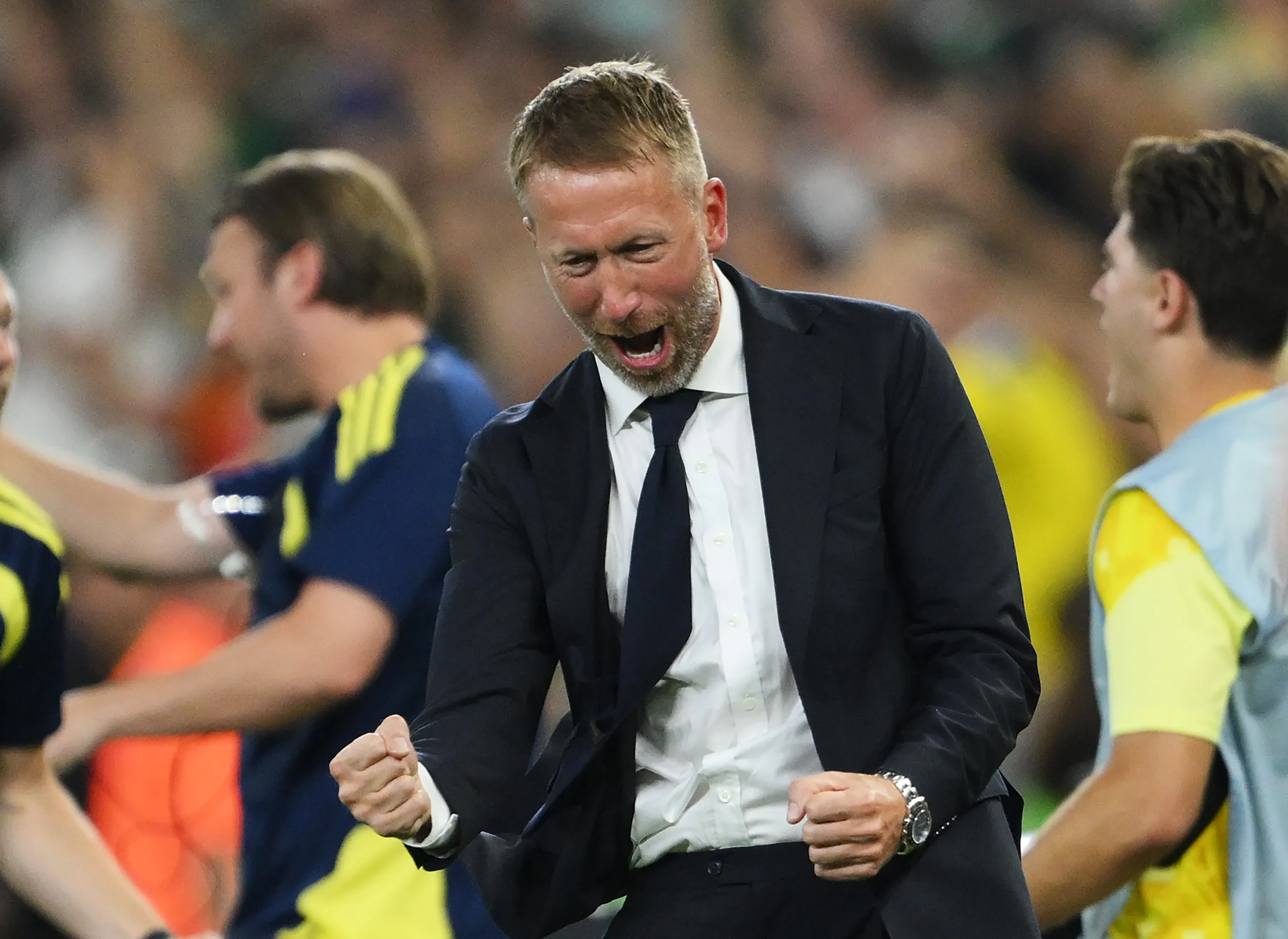 GUADALUPE, MEXICO – JUNE 14: Graham Potter, Head Coach of Sweden, celebrates sa Alexander Isak #9 (not pictured) scores his team’s second goal during the FIFA World Cup 2026 Group F match between Sweden and Tunisia at Monterrey Stadium on June 14, 2026 in Guadalupe, Mexico. (Photo by David Ramos/Getty Images)
