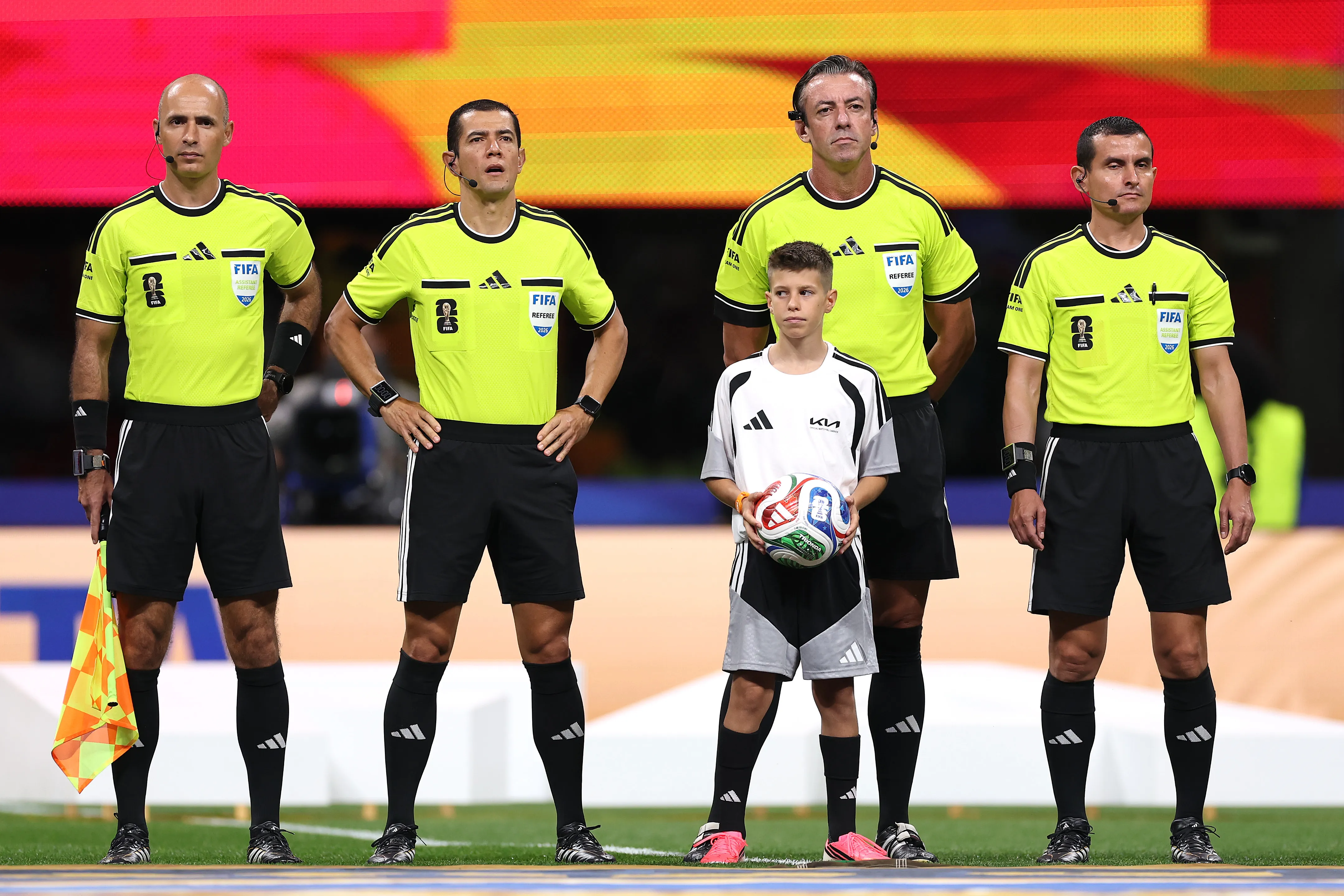 ATLANTA, GEORGIA – JUNE 21: The Kia Official Match Ball carrier and match officials during the FIFA World Cup 2026 Group H match between Spain and Saudi Arabia at Atlanta Stadium on June 21, 2026 in Atlanta, Georgia. (Photo by Mattia Ozbot/Getty Images)