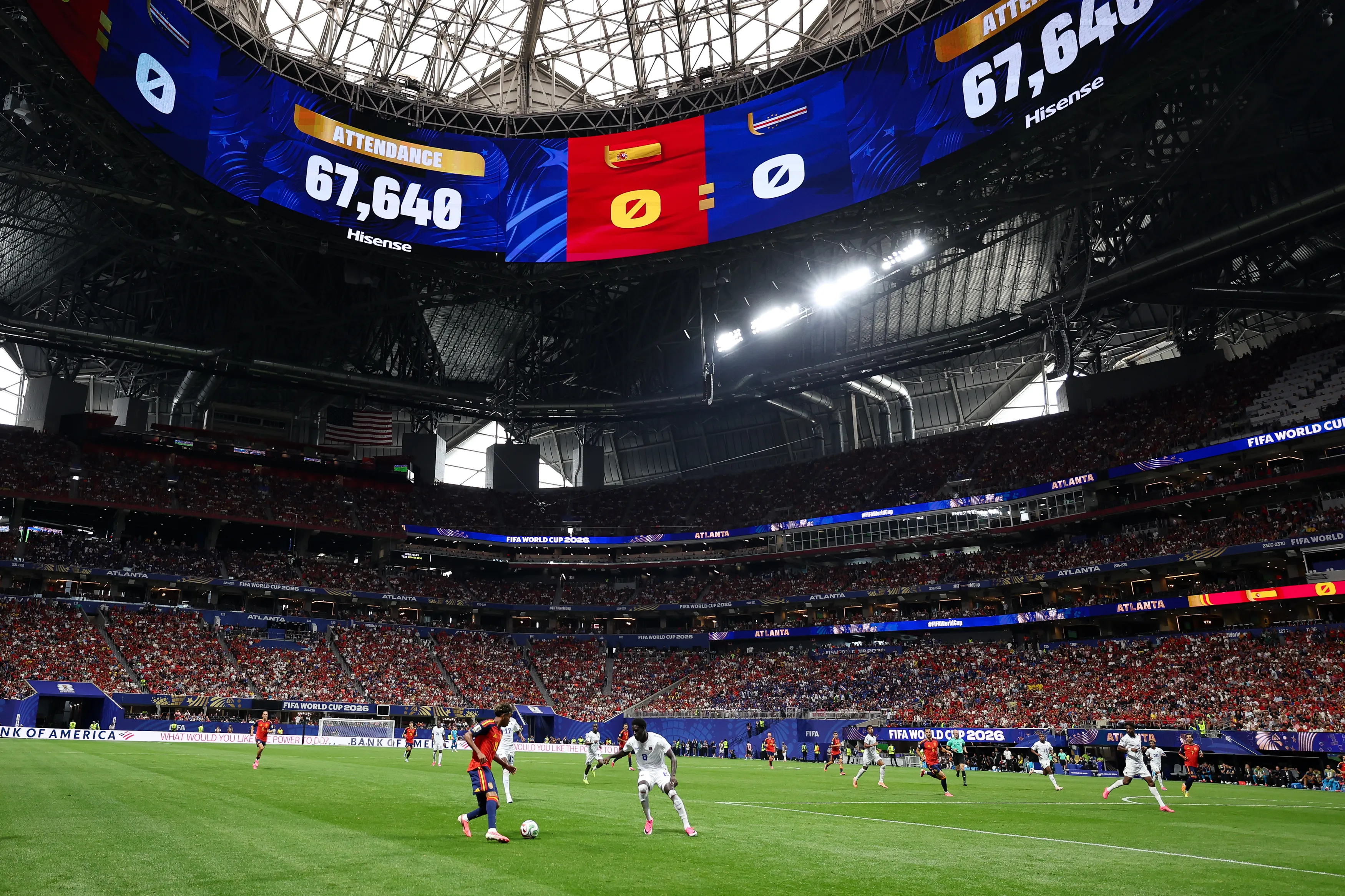 ATLANTA, GEORGIA – JUNE 15: Total attendance is displayed on the screen during the FIFA World Cup 2026 Group H match between Spain and Cabo Verde at Atlanta Stadium on June 15, 2026 in Atlanta, Georgia. (Photo by Florencia Tan Jun/Getty Images)