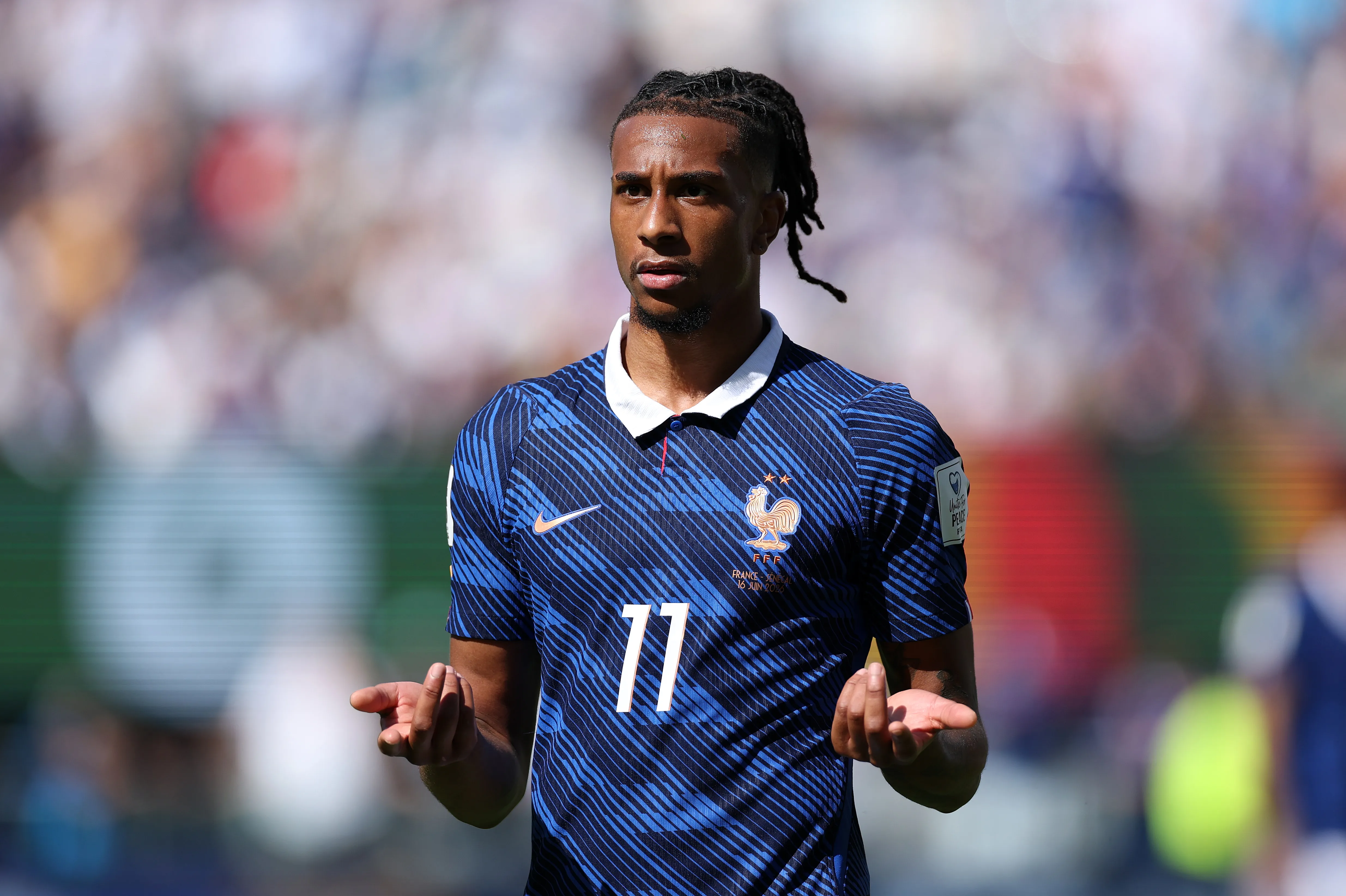 EAST RUTHERFORD, NEW JERSEY – JUNE 16: Michael Olise #11 of France reacts during the FIFA World Cup 2026 Group I match between France and Senegal at New York New Jersey Stadium on June 16, 2026 in East Rutherford, New Jersey. (Photo by Dan Mullan/Getty Images)