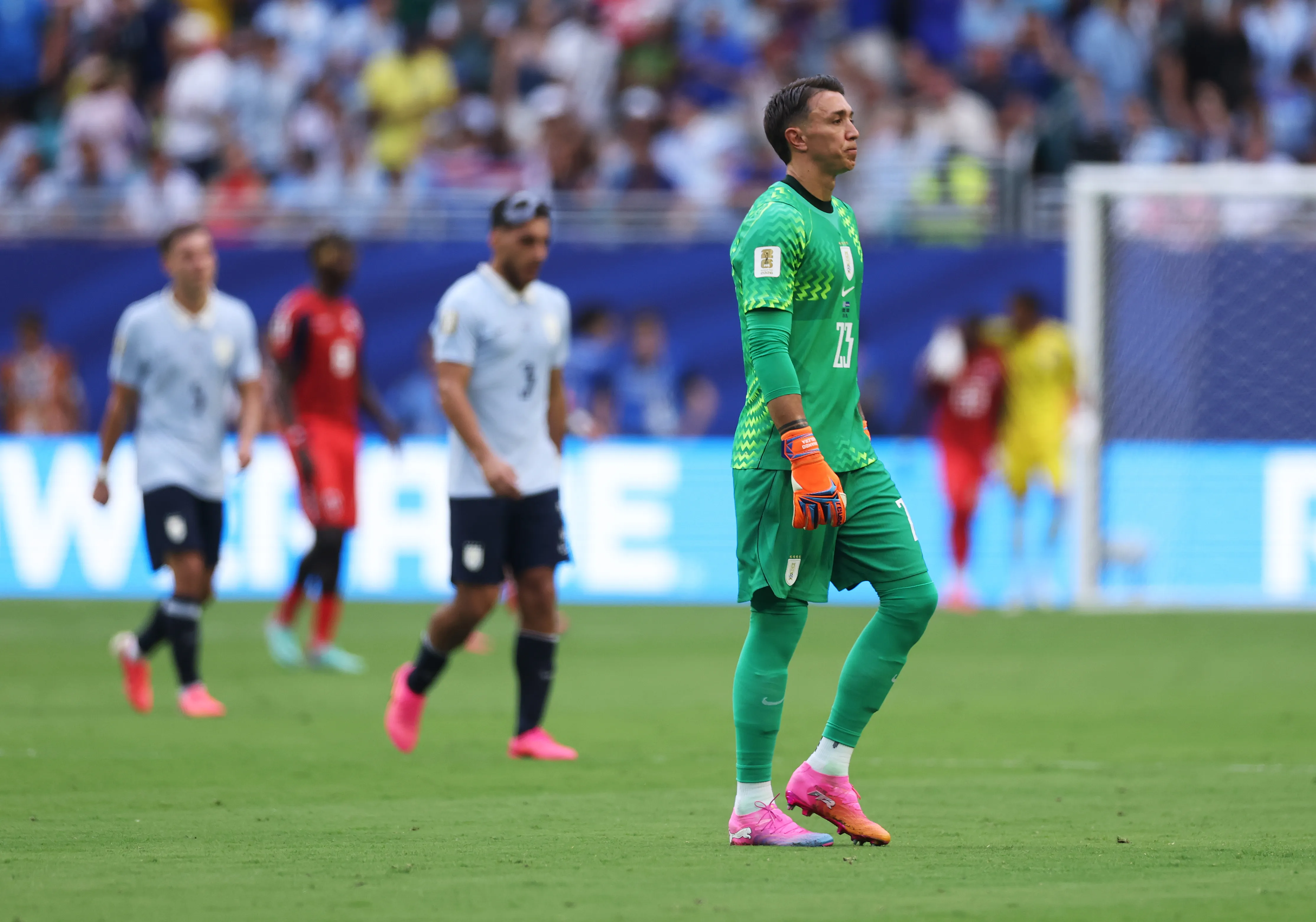 MIAMI GARDENS, FLORIDA – JUNE 21: Fernando Muslera #23 of Uruguay reacts after conceding a first goal to Kevin Pina #6 of Cabo Verde during the FIFA World Cup 2026 Group H match between Uruguay and Cabo Verde at Miami Stadium on June 21, 2026 in Miami Gardens, Florida. (Photo by Lars Baron/Getty Images)