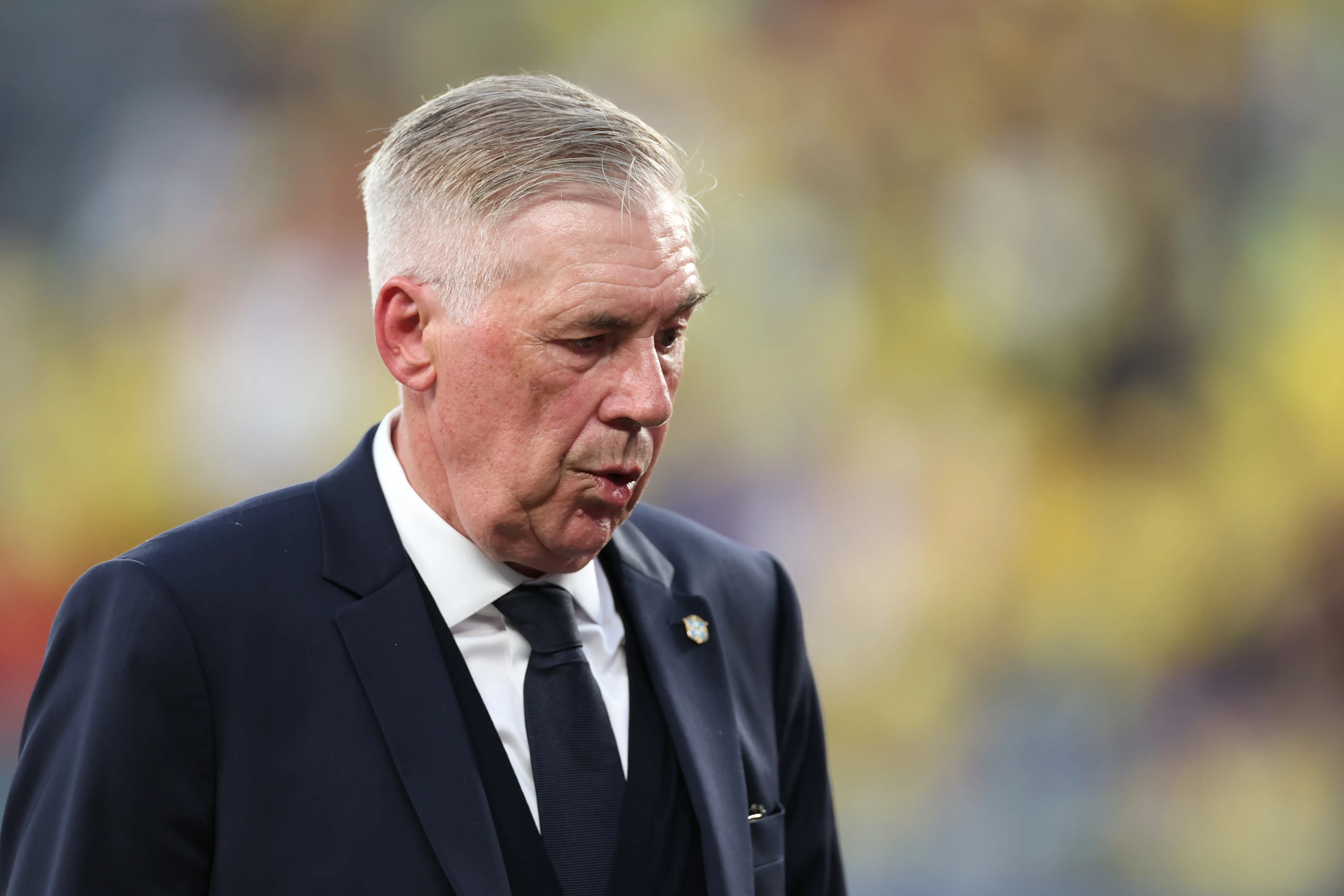EAST RUTHERFORD, NEW JERSEY – JUNE 13: Carlo Ancelotti, Head Coach of Brazil, reacts after the 1-1 draw during the FIFA World Cup 2026 Group C match between Brazil and Morocco at New York New Jersey Stadium on June 13, 2026 in East Rutherford, New Jersey. (Photo by Dan Mullan/Getty Images)