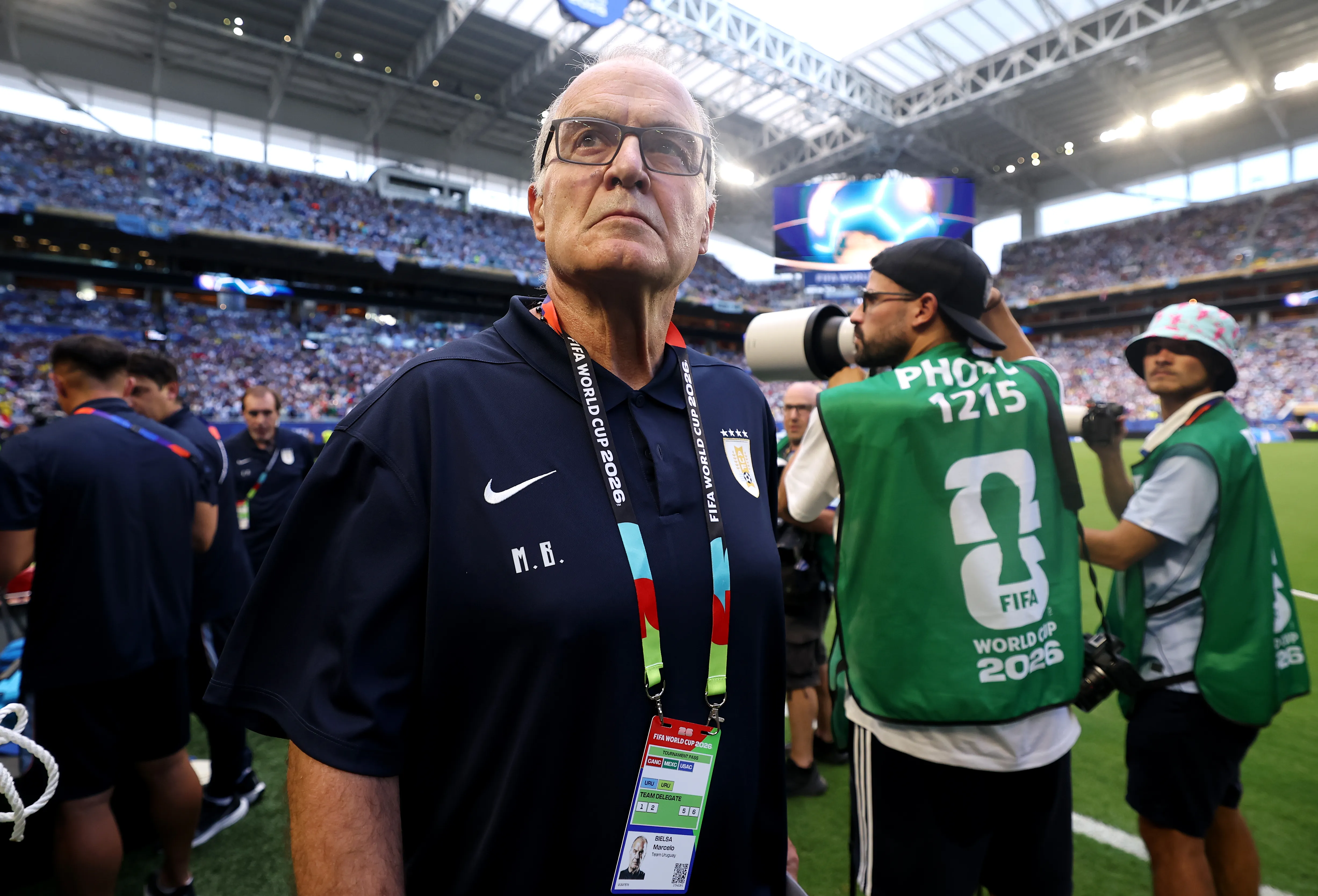 MIAMI GARDENS, FLORIDA – JUNE 21: Marcelo Bielsa, Head Coach of Uruguay, looks on before the FIFA World Cup 2026 Group H match between Uruguay and Cabo Verde at Miami Stadium on June 21, 2026 in Miami Gardens, Florida. (Photo by Lars Baron/Getty Images)